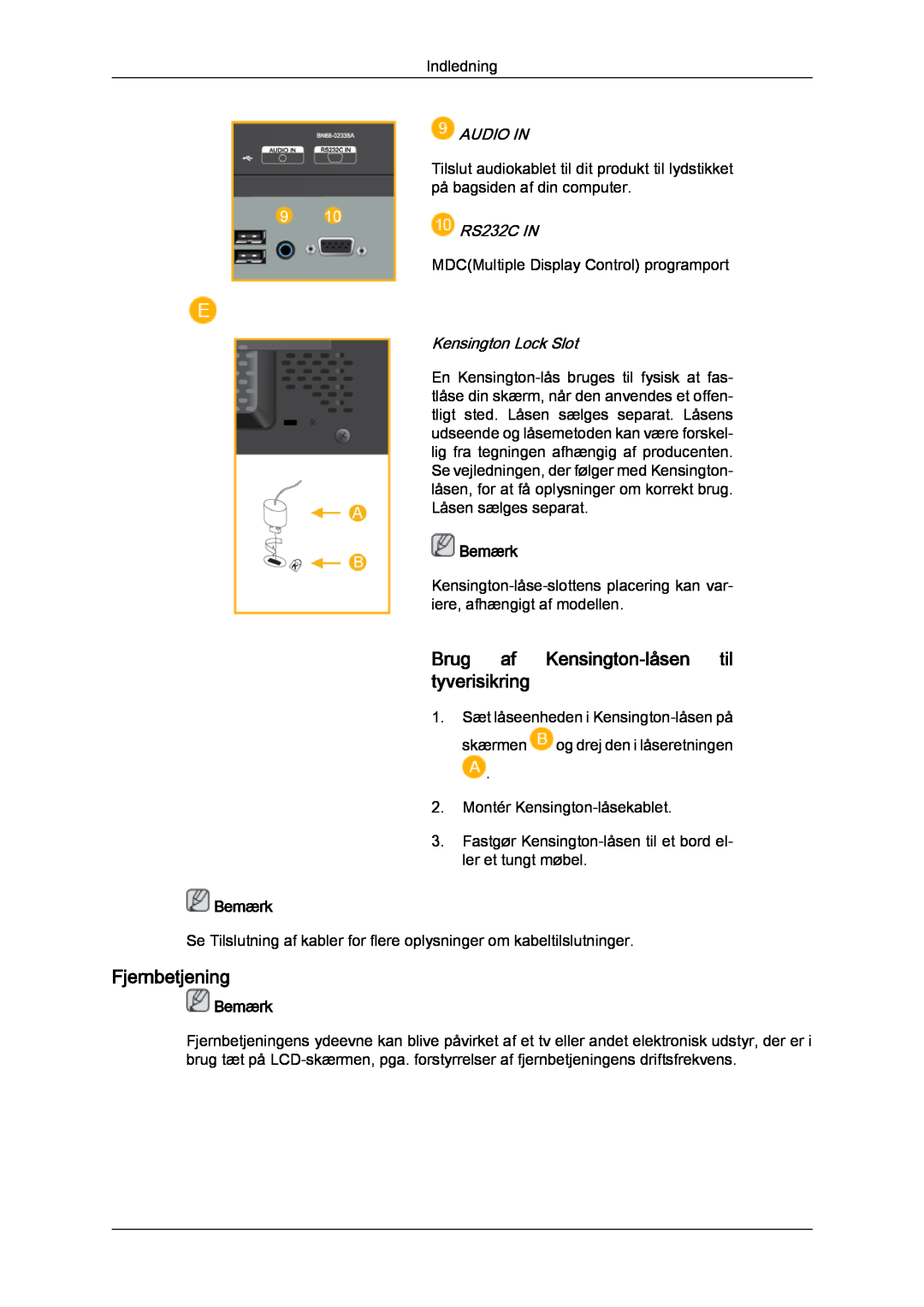 Samsung LH23PTSMBC/EN manual Brug af Kensington-låsen til tyverisikring, Fjernbetjening, Audio In, RS232C IN, Bemærk 