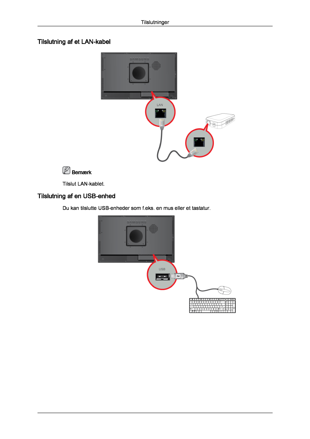 Samsung LH23PTTMBC/EN, LH23PTSMBC/EN, LH23PTRMBC/EN manual Tilslutning af et LAN-kabel, Tilslutning af en USB-enhed, Bemærk 