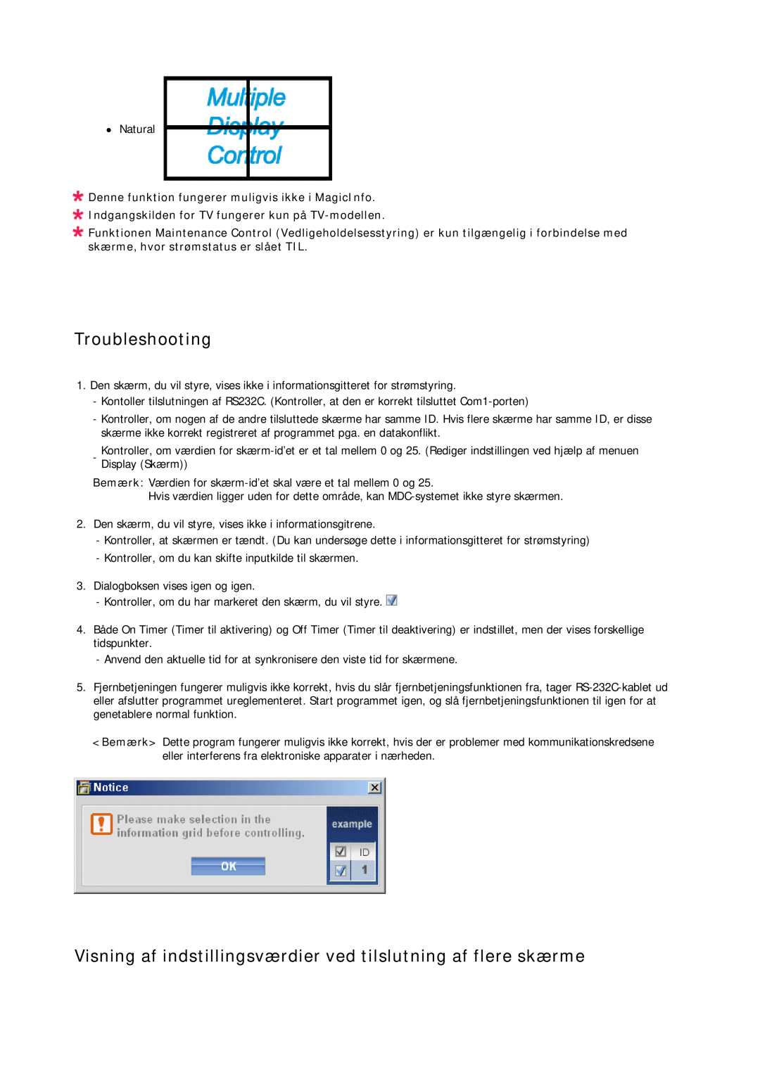 Samsung LH23PTRHBC/EN, LH23PTSMBC/EN manual Troubleshooting, Visning af indstillingsværdier ved tilslutning af flere skærme 