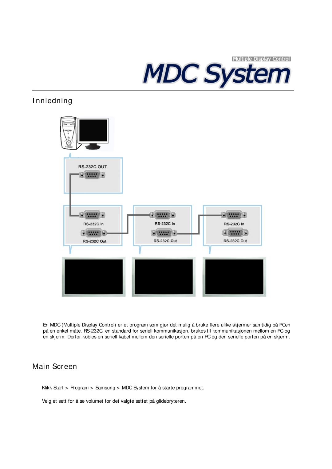 Samsung LH23PTRHBC/EN manual Innledning, Main Screen, Klikk Start Program Samsung MDC System for å starte programmet 