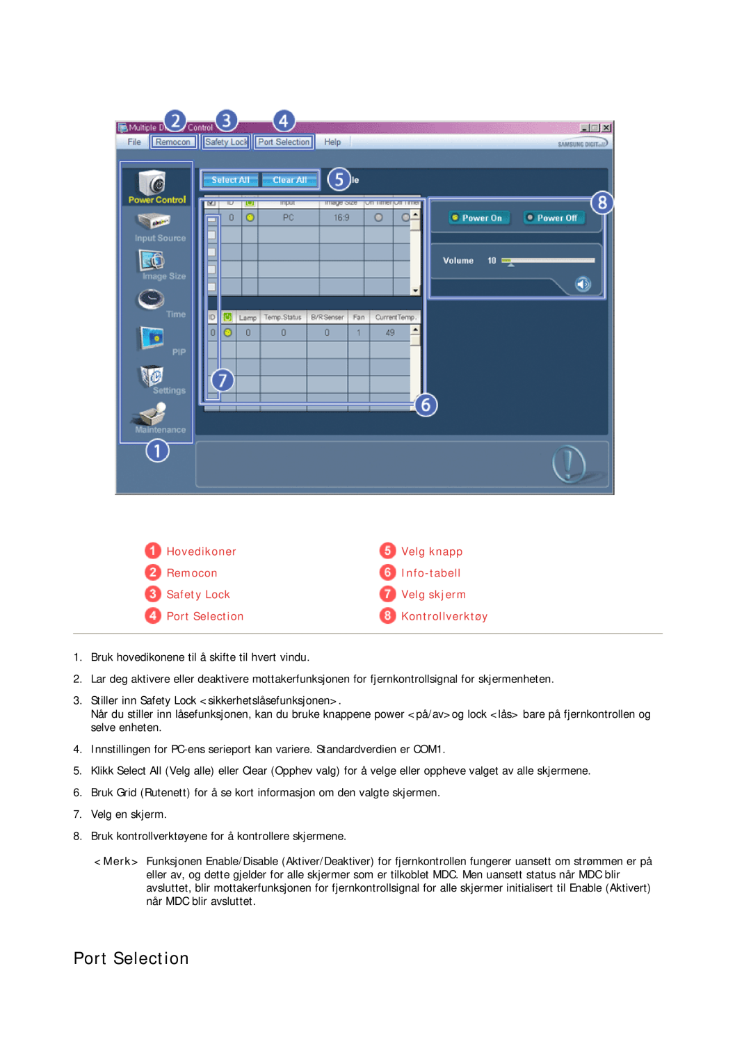 Samsung LH23PTVHBC/EN manual Port Selection, Hovedikoner, Velg knapp, Remocon, Info-tabell, Safety Lock, Velg skjerm 