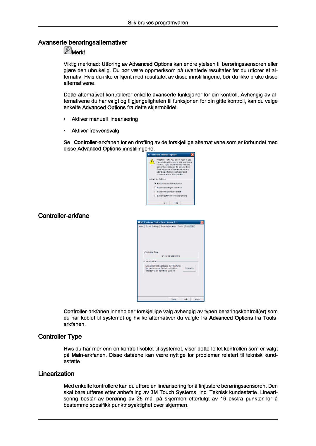 Samsung LH23PTTMBC/EN manual Avanserte berøringsalternativer, Controller-arkfane, Linearization, Controller Type, Merk 