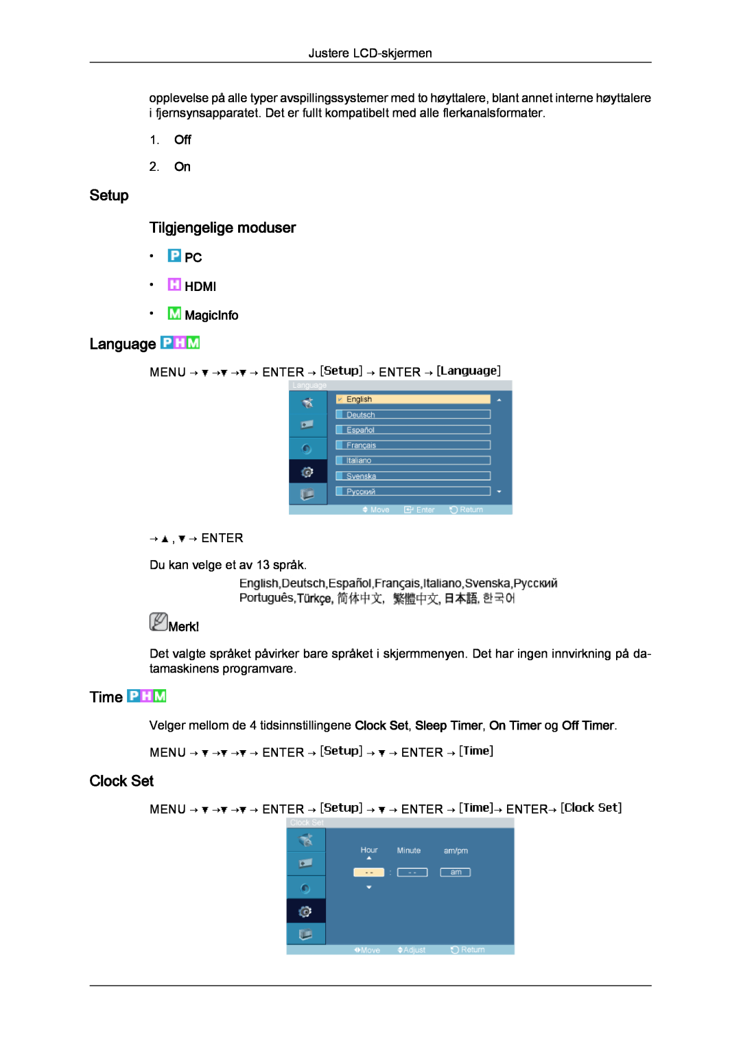 Samsung LH23PTSMBC/EN manual Setup Tilgjengelige moduser, Language, Time, Clock Set, Off 2. On, PC HDMI MagicInfo, Merk 