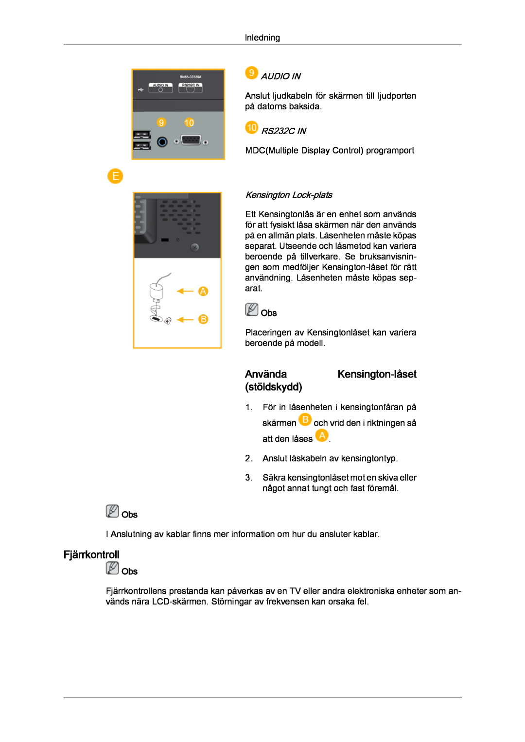 Samsung LH23PTSMBC/EN manual Använda Kensington-låset stöldskydd, Fjärrkontroll, Audio In, RS232C IN, Kensington Lock-plats 