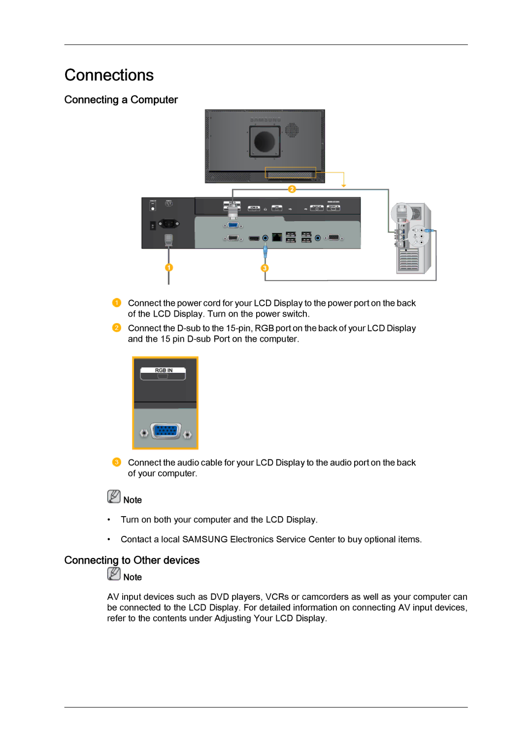 Samsung LH23PTVHBC/EN, LH23PTSMBC/EN, LH23PTRMBC/EN, LH23PTVMBC/EN manual Connecting a Computer, Connecting to Other devices 