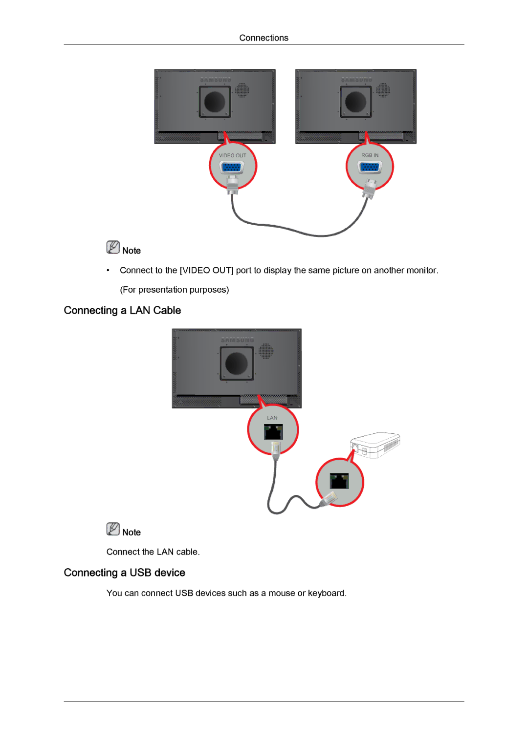 Samsung LH23PTRMBC/EN, LH23PTSMBC/EN, LH23PTVMBC/EN, LH23PTTMBC/EN manual Connecting a LAN Cable, Connecting a USB device 