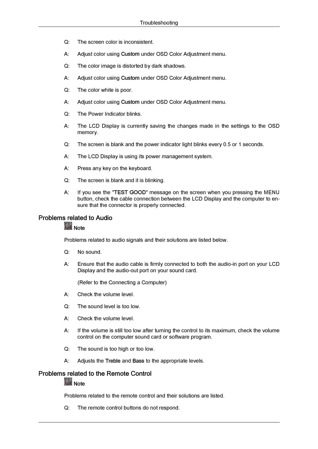 Samsung LH23PTSMBC/EN, LH23PTRMBC/EN, LH23PTVMBC/EN manual Problems related to Audio, Problems related to the Remote Control 