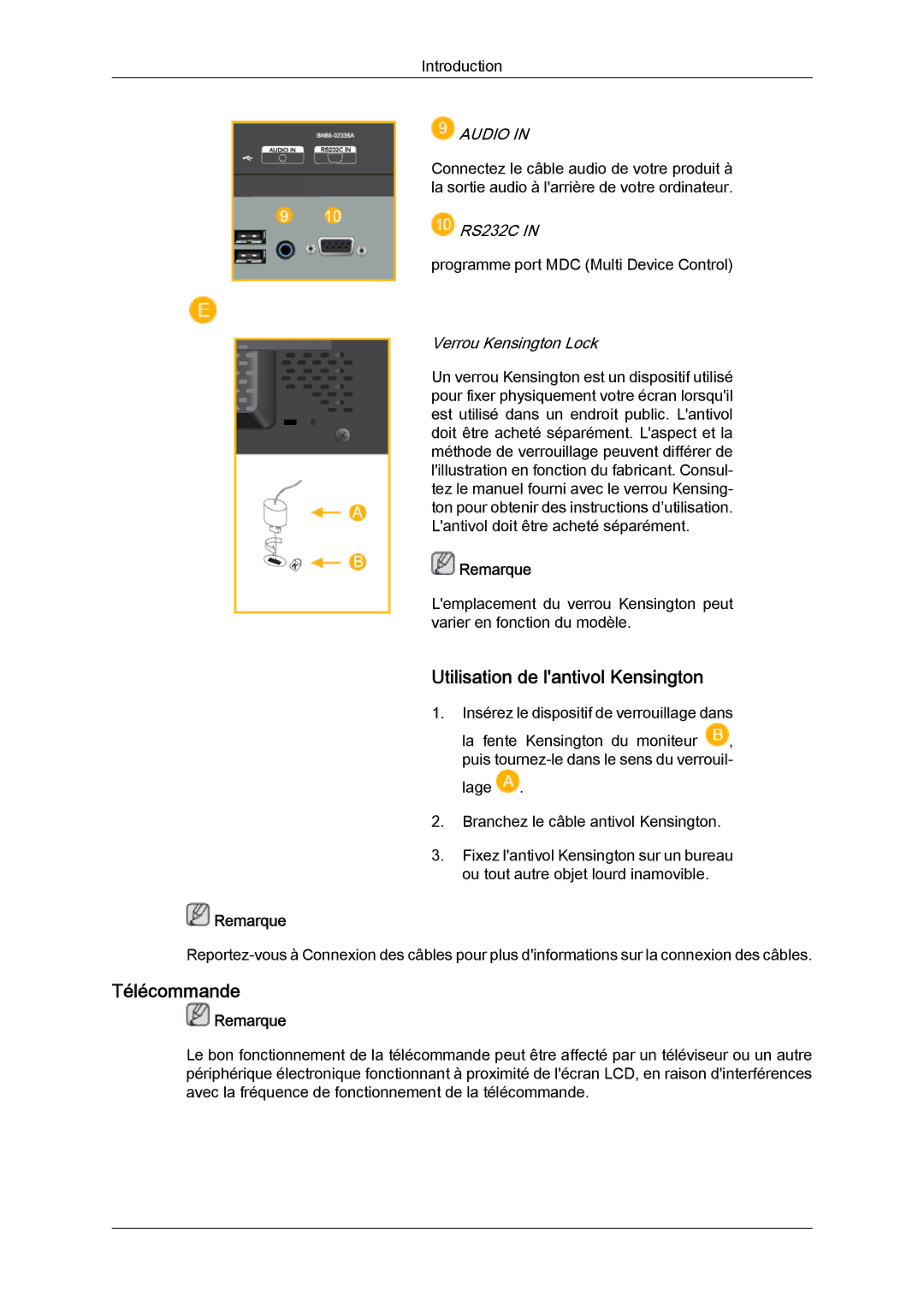 Samsung LH23PTTMBC/EN, LH23PTSMBC/EN, LH23PTRMBC/EN, LH23PTVMBC/EN manual Utilisation de lantivol Kensington, Télécommande 