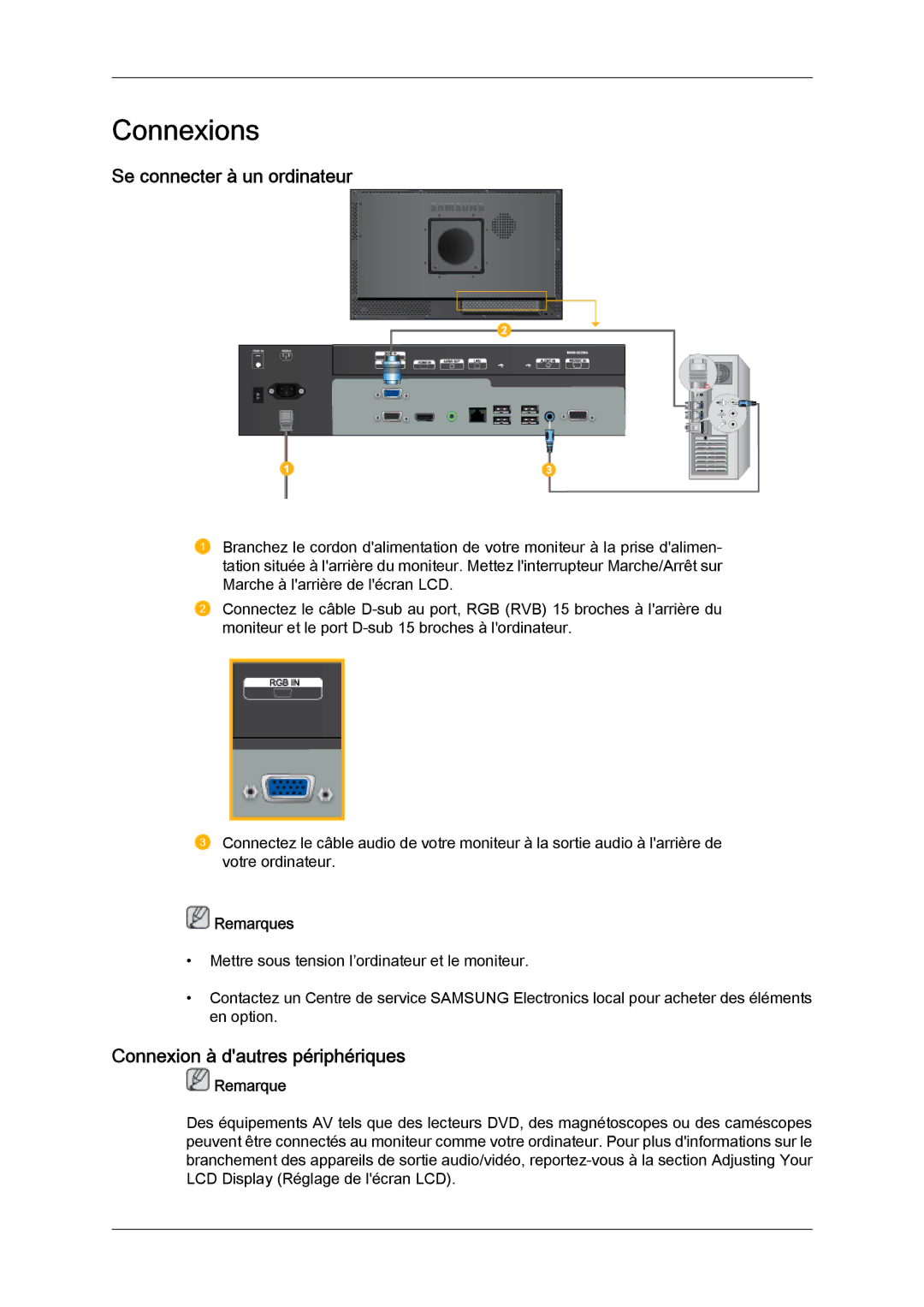 Samsung LH23PTTMBC/EN, LH23PTSMBC/EN manual Se connecter à un ordinateur, Connexion à dautres périphériques, Remarques 