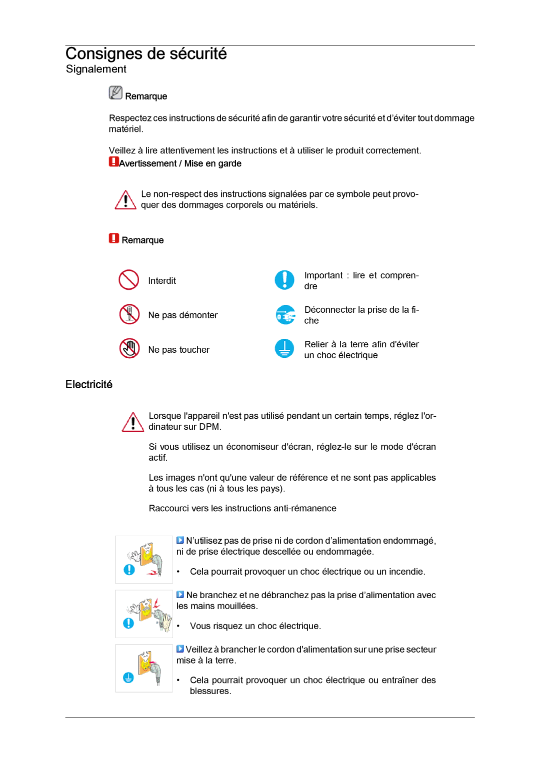 Samsung LH23PTVMBC/EN, LH23PTSMBC/EN, LH23PTRMBC/EN, LH23PTTMBC/EN manual Electricité, Remarque, Avertissement / Mise en garde 