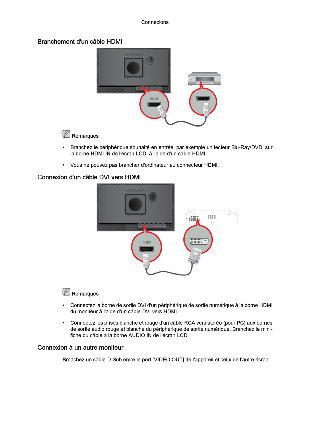 Samsung LH23PTSMBC/EN manual Branchement dun câble Hdmi, Connexion dun câble DVI vers Hdmi, Connexion à un autre moniteur 