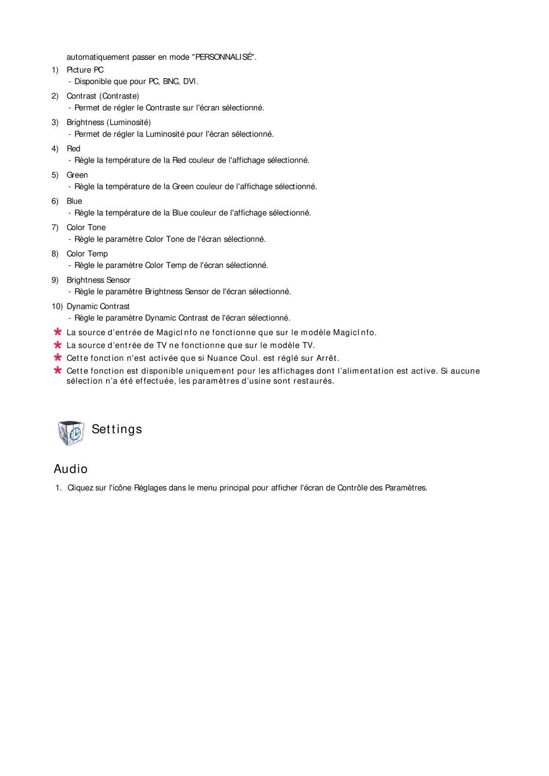 Samsung LH23PTSMBC/EN, LH23PTRMBC/EN, LH23PTVMBC/EN, LH23PTTMBC/EN manual Settings Audio 