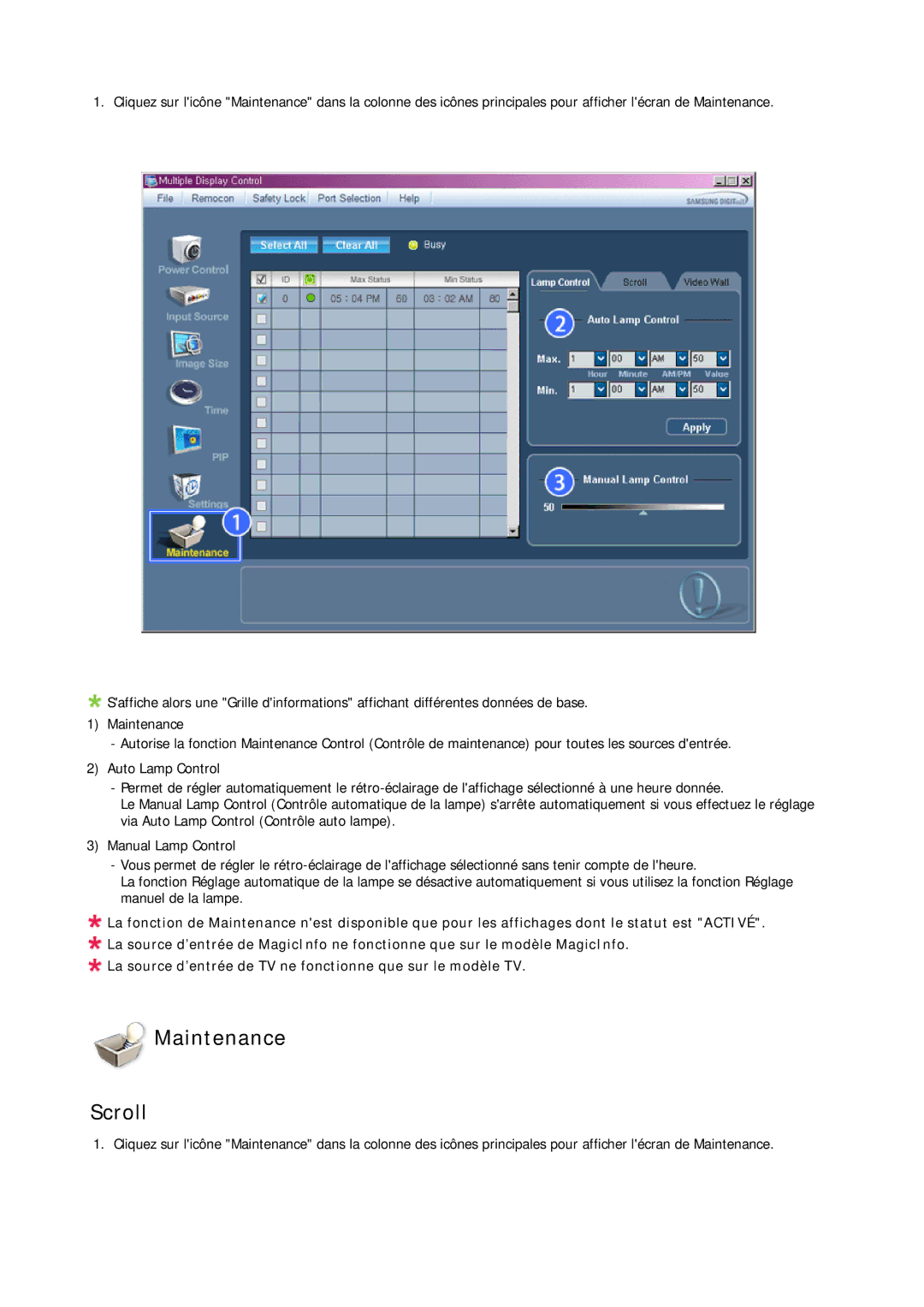 Samsung LH23PTTMBC/EN, LH23PTSMBC/EN, LH23PTRMBC/EN, LH23PTVMBC/EN manual Maintenance Scroll 