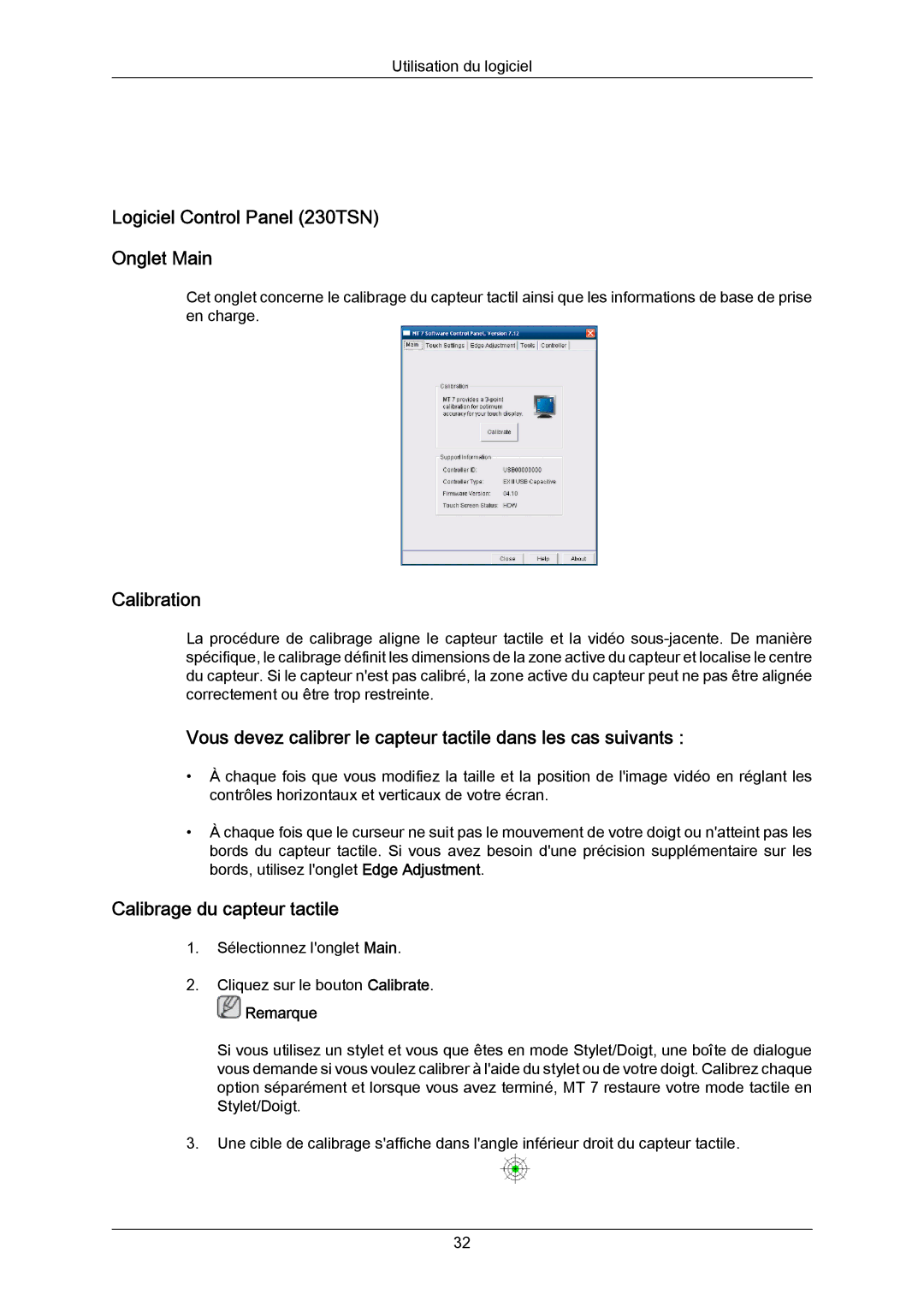 Samsung LH23PTSMBC/EN, LH23PTRMBC/EN Logiciel Control Panel 230TSN Onglet Main, Calibration, Calibrage du capteur tactile 