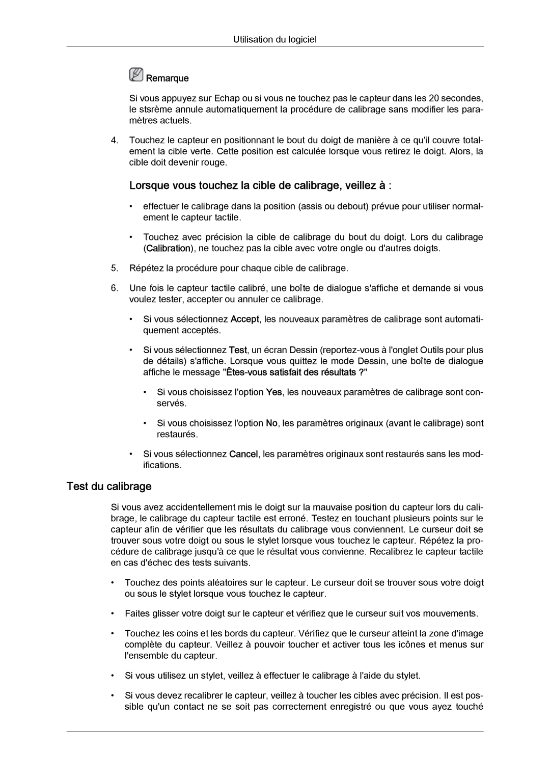 Samsung LH23PTRMBC/EN, LH23PTSMBC/EN manual Lorsque vous touchez la cible de calibrage, veillez à, Test du calibrage 