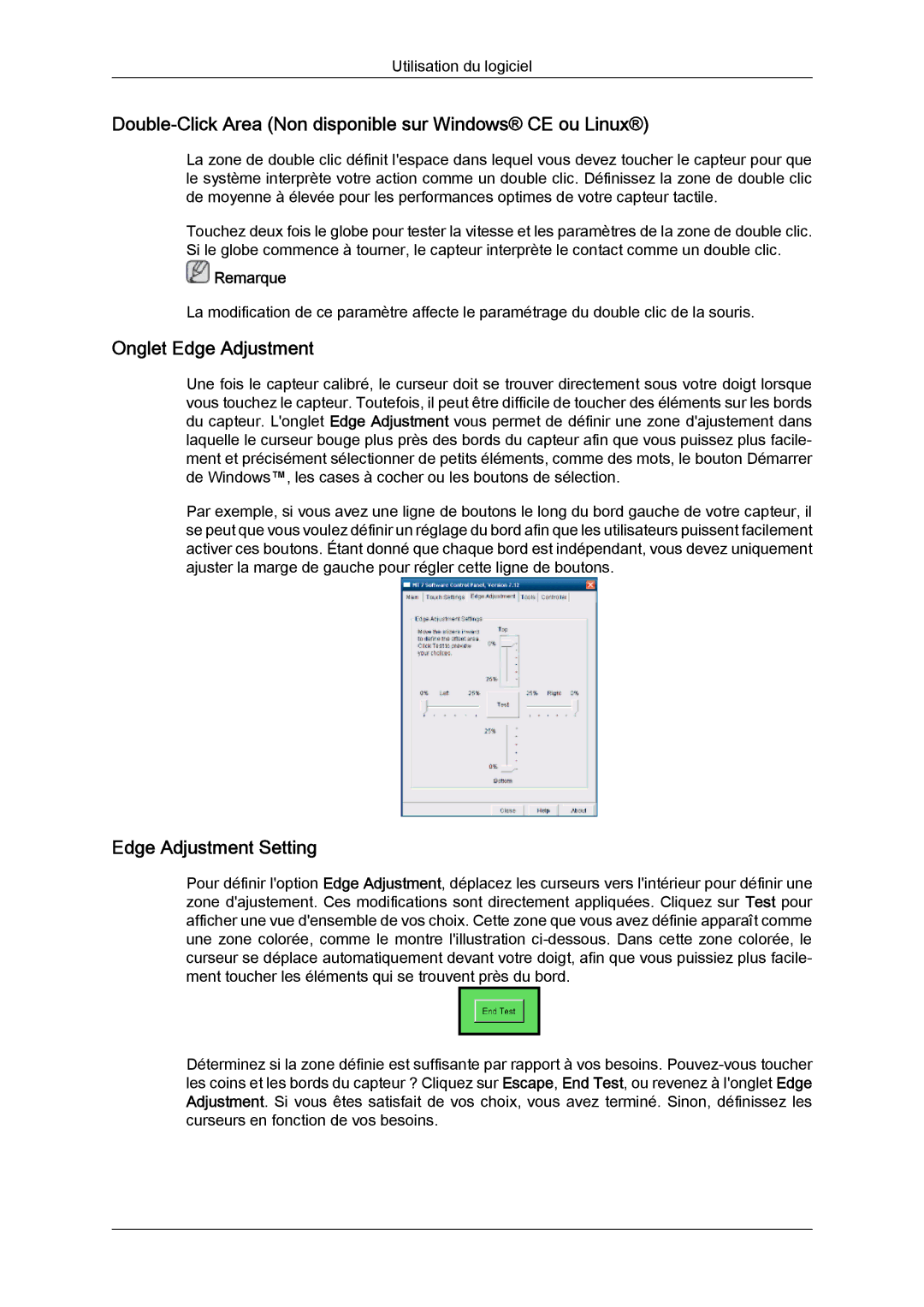 Samsung LH23PTSMBC/EN, LH23PTRMBC/EN manual Double-Click Area Non disponible sur Windows CE ou Linux, Onglet Edge Adjustment 