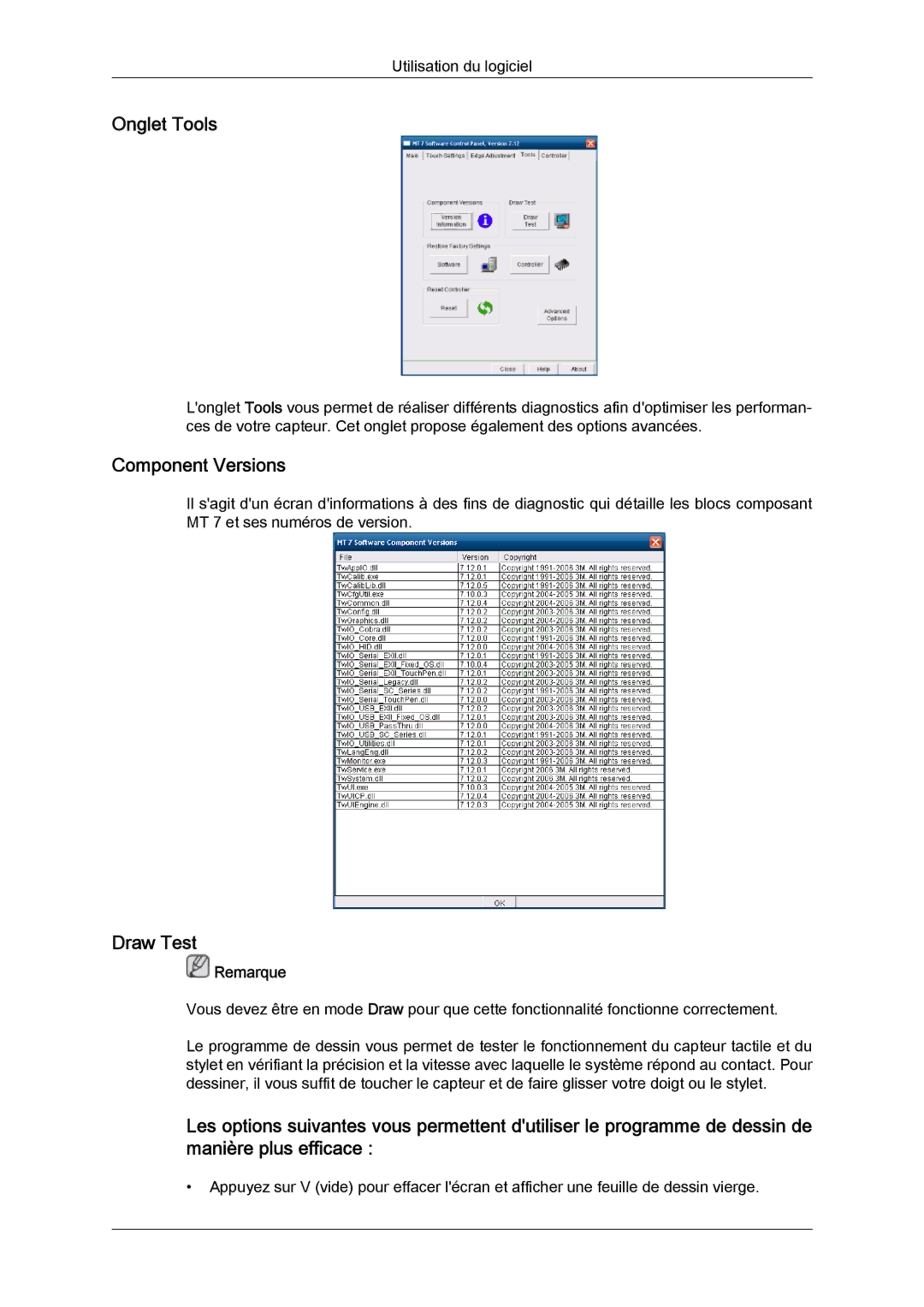 Samsung LH23PTRMBC/EN, LH23PTSMBC/EN, LH23PTVMBC/EN, LH23PTTMBC/EN manual Onglet Tools, Component Versions, Draw Test 