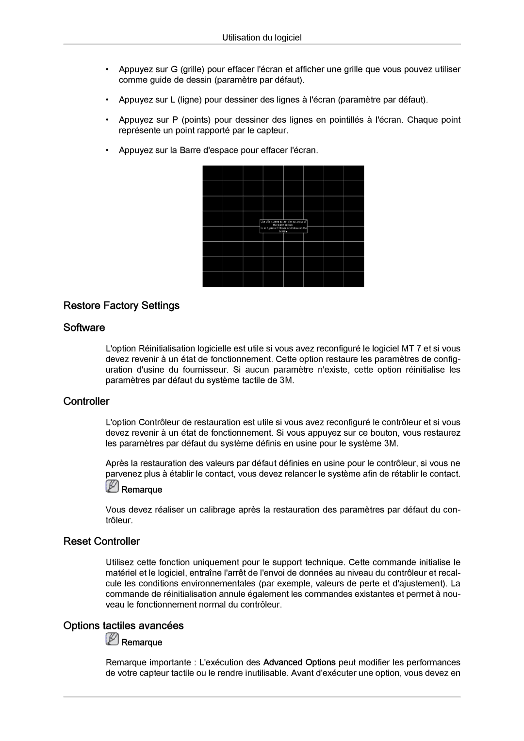 Samsung LH23PTVMBC/EN, LH23PTSMBC/EN Restore Factory Settings Software, Reset Controller, Options tactiles avancées 