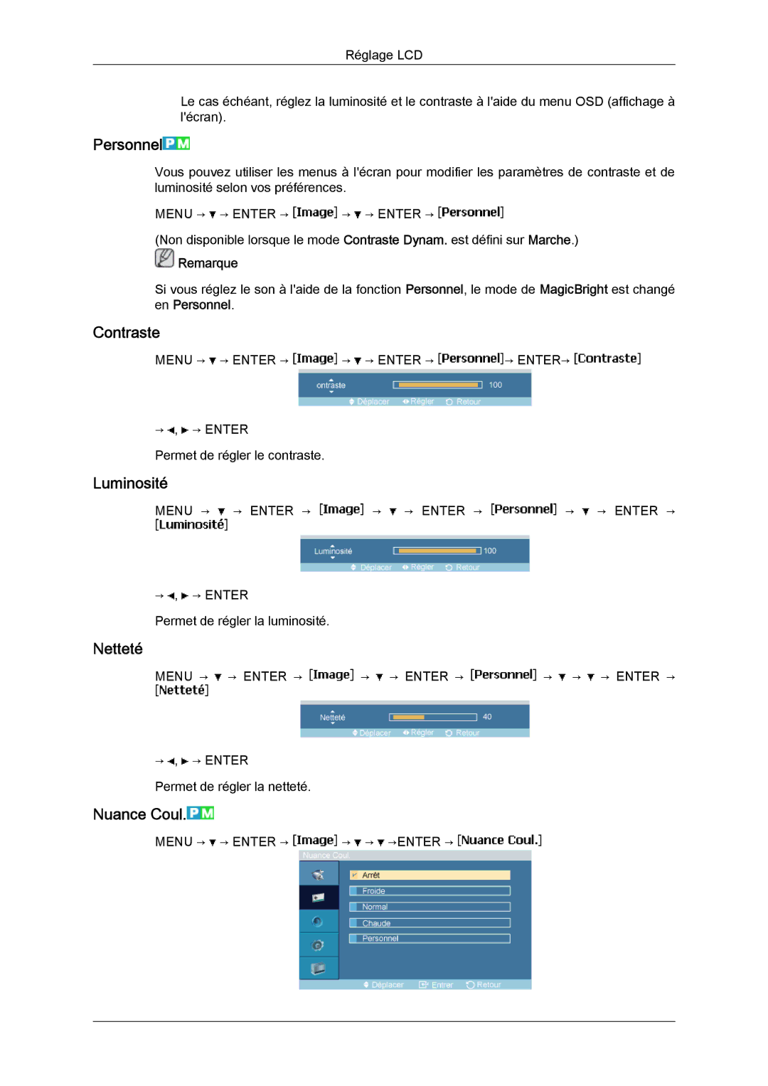 Samsung LH23PTSMBC/EN, LH23PTRMBC/EN, LH23PTVMBC/EN, LH23PTTMBC/EN Personnel, Contraste, Luminosité, Netteté, Nuance Coul 