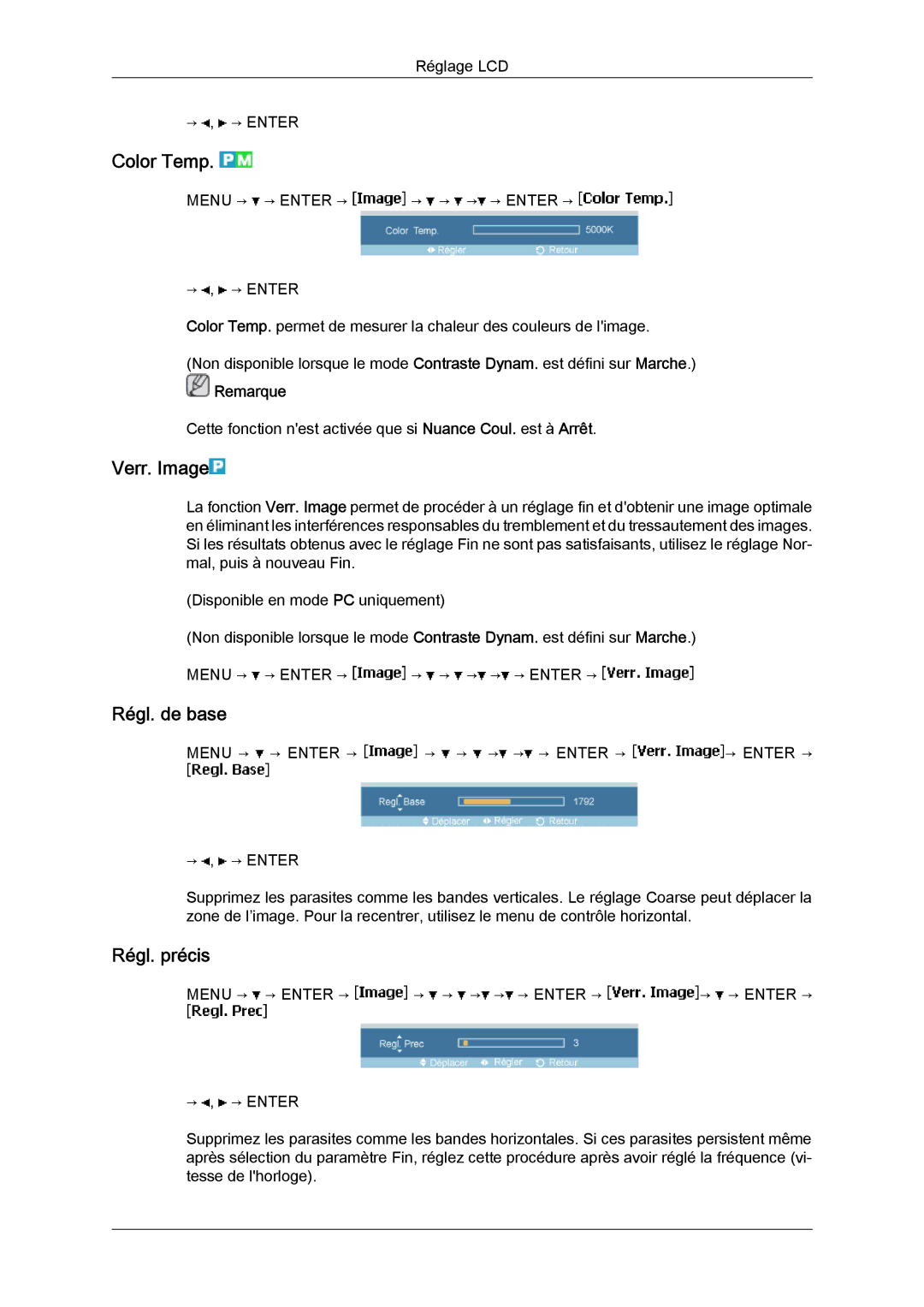 Samsung LH23PTVMBC/EN, LH23PTSMBC/EN, LH23PTRMBC/EN, LH23PTTMBC/EN manual Color Temp, Verr. Image, Régl. de base, Régl. précis 