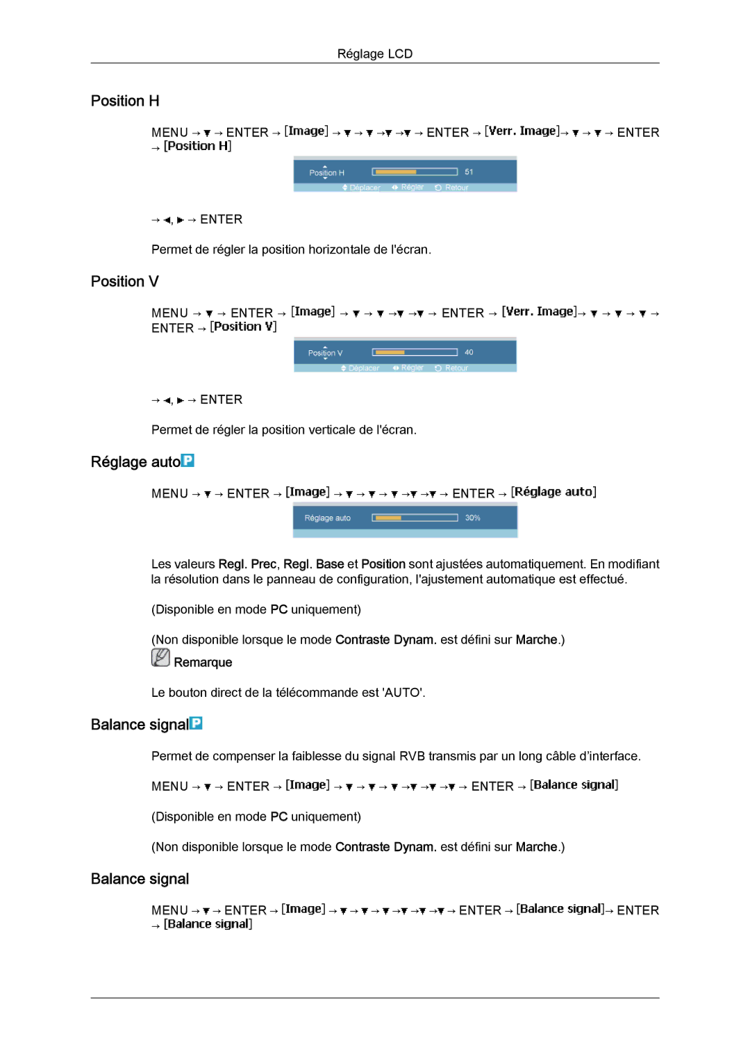 Samsung LH23PTTMBC/EN, LH23PTSMBC/EN, LH23PTRMBC/EN, LH23PTVMBC/EN manual Position H, Réglage auto, Balance signal 