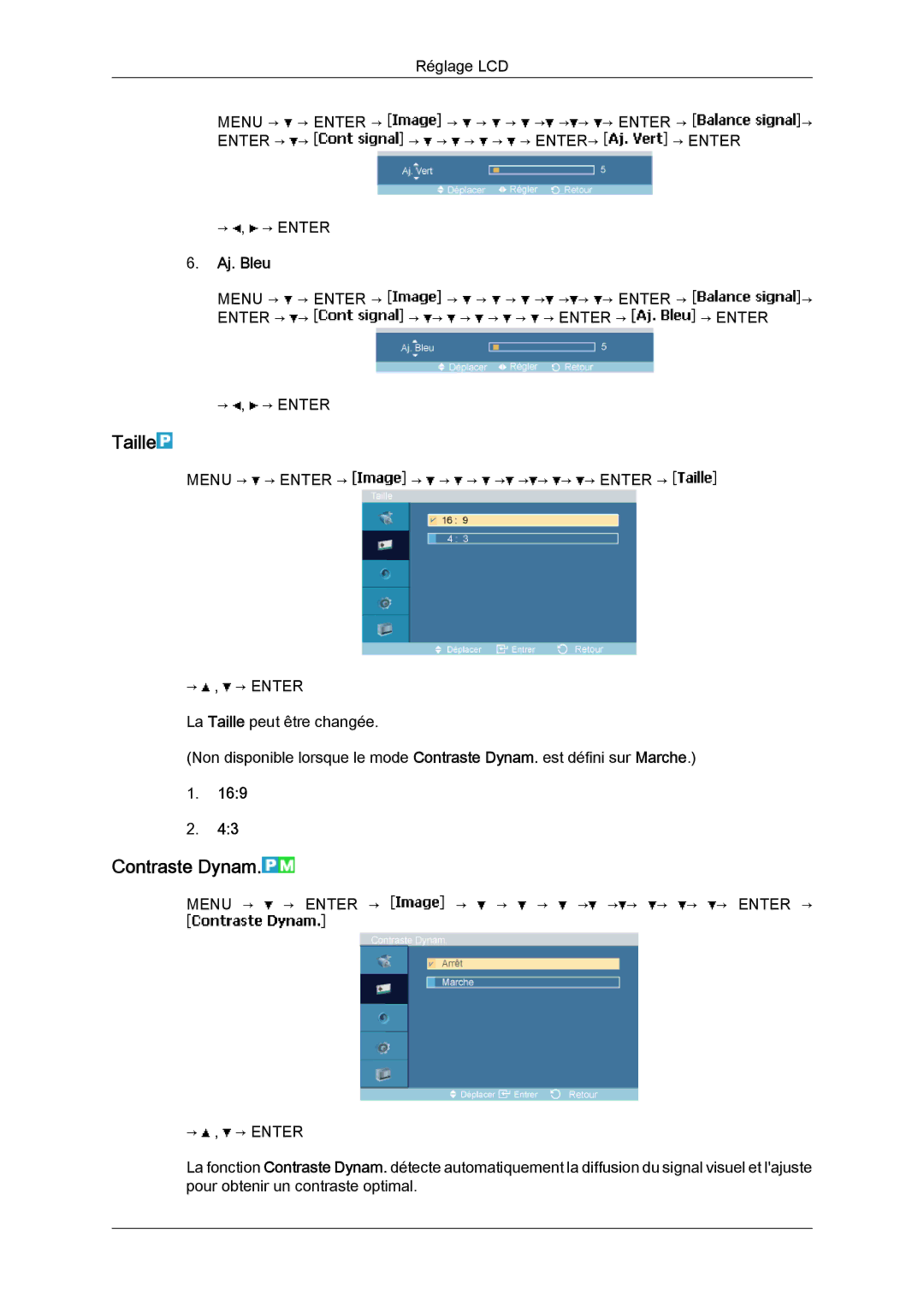 Samsung LH23PTRMBC/EN, LH23PTSMBC/EN, LH23PTVMBC/EN, LH23PTTMBC/EN manual Taille, Contraste Dynam, Aj. Bleu 