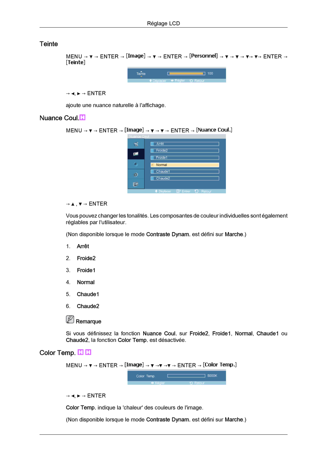 Samsung LH23PTSMBC/EN, LH23PTRMBC/EN, LH23PTVMBC/EN manual Teinte, Arrêt Froide2 Froide1 Normal Chaude1 Chaude2 Remarque 