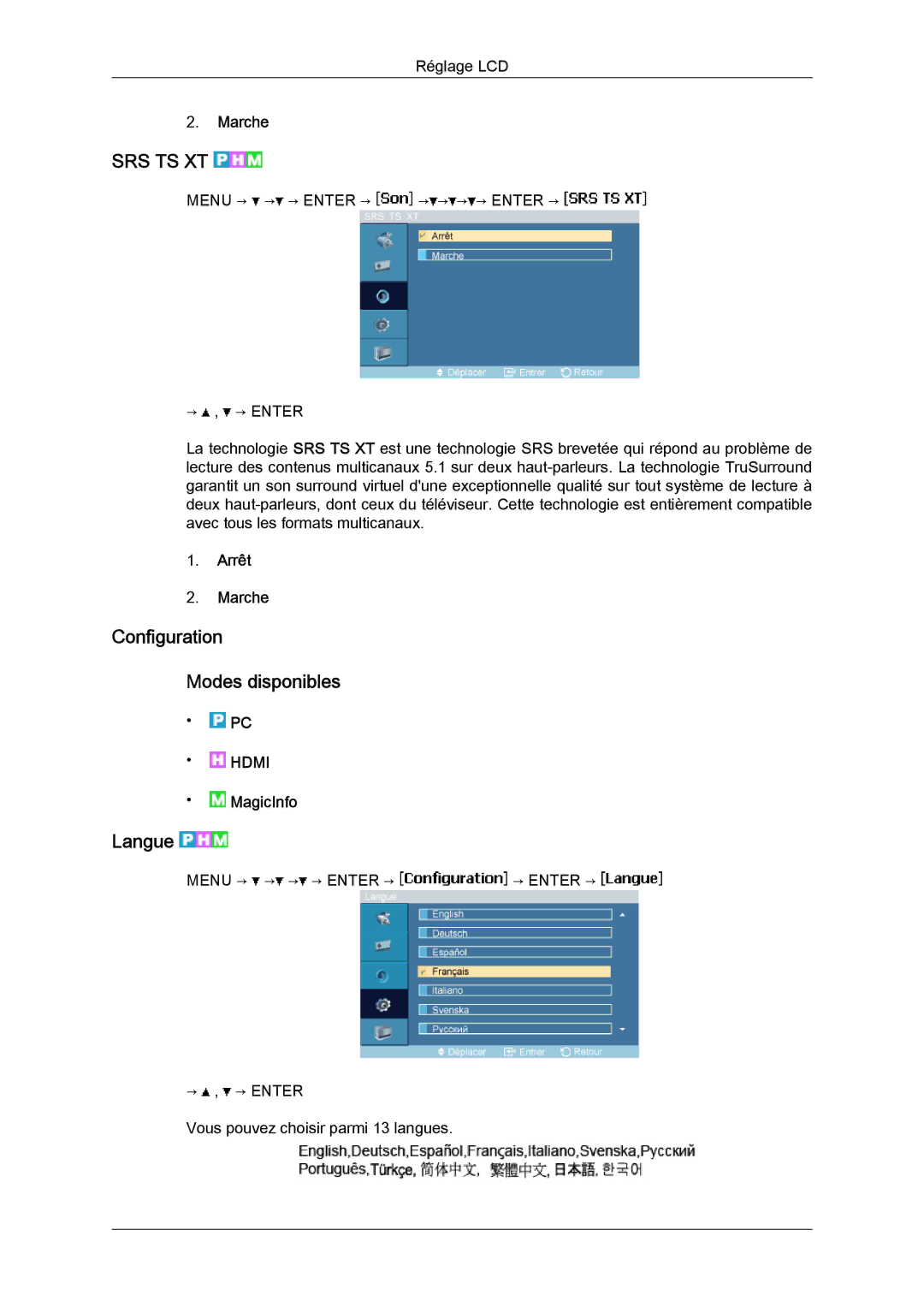 Samsung LH23PTRMBC/EN, LH23PTSMBC/EN, LH23PTVMBC/EN, LH23PTTMBC/EN manual Configuration Modes disponibles, Langue 