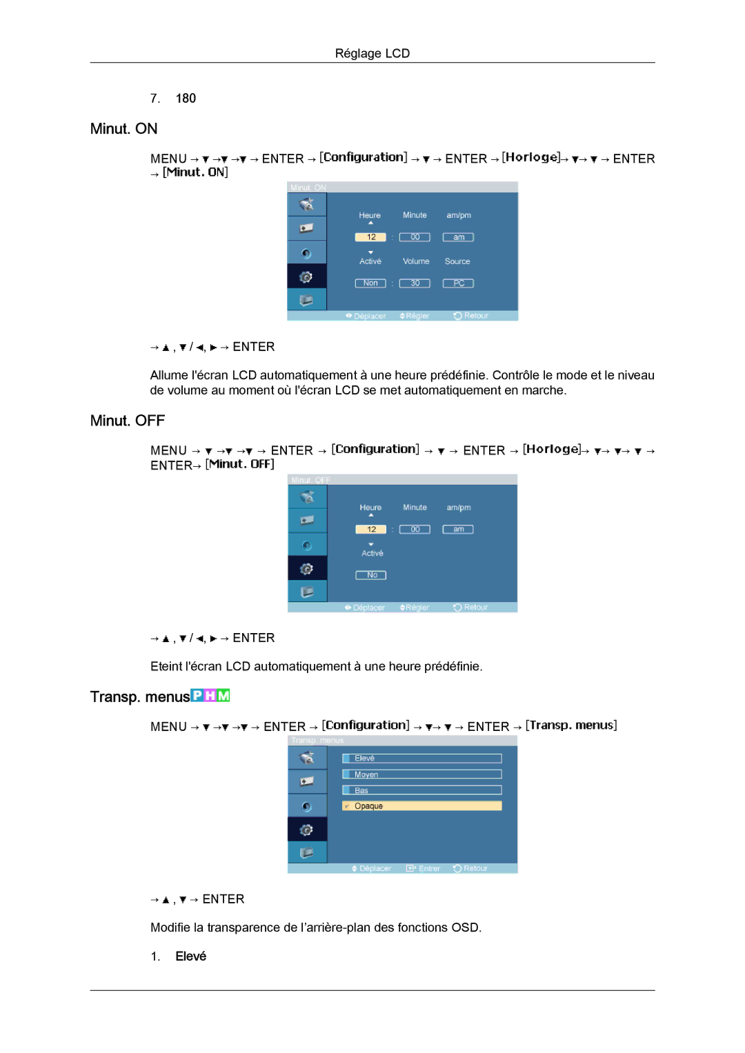 Samsung LH23PTTMBC/EN, LH23PTSMBC/EN, LH23PTRMBC/EN, LH23PTVMBC/EN manual Minut. on, Minut. OFF, Transp. menus, Elevé 