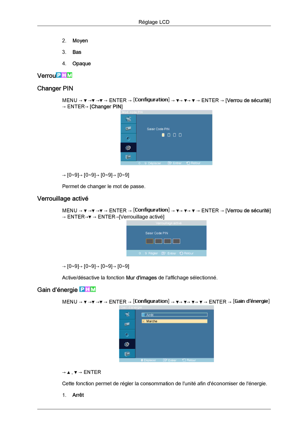 Samsung LH23PTSMBC/EN Verrou Changer PIN, Verrouillage activé, Gain d’énergie, Moyen Bas Opaque, → ENTER→ Changer PIN 