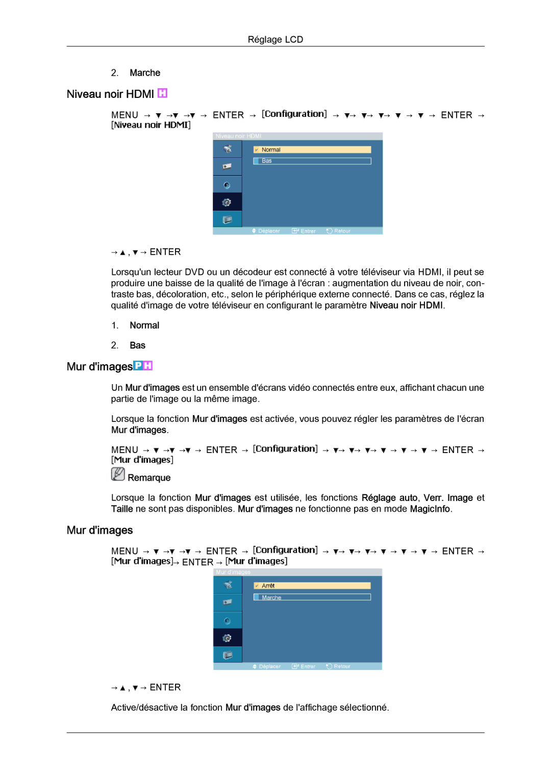 Samsung LH23PTRMBC/EN, LH23PTSMBC/EN, LH23PTVMBC/EN, LH23PTTMBC/EN manual Niveau noir Hdmi, Mur dimages, Normal Bas 