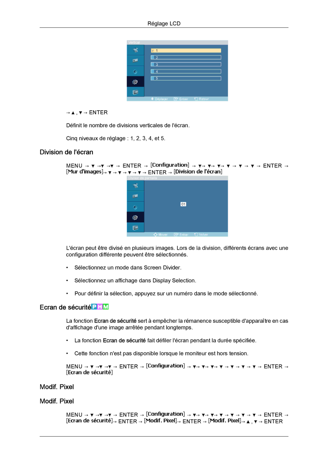 Samsung LH23PTTMBC/EN, LH23PTSMBC/EN, LH23PTRMBC/EN, LH23PTVMBC/EN manual Division de lécran, Ecran de sécurité, Modif. Pixel 