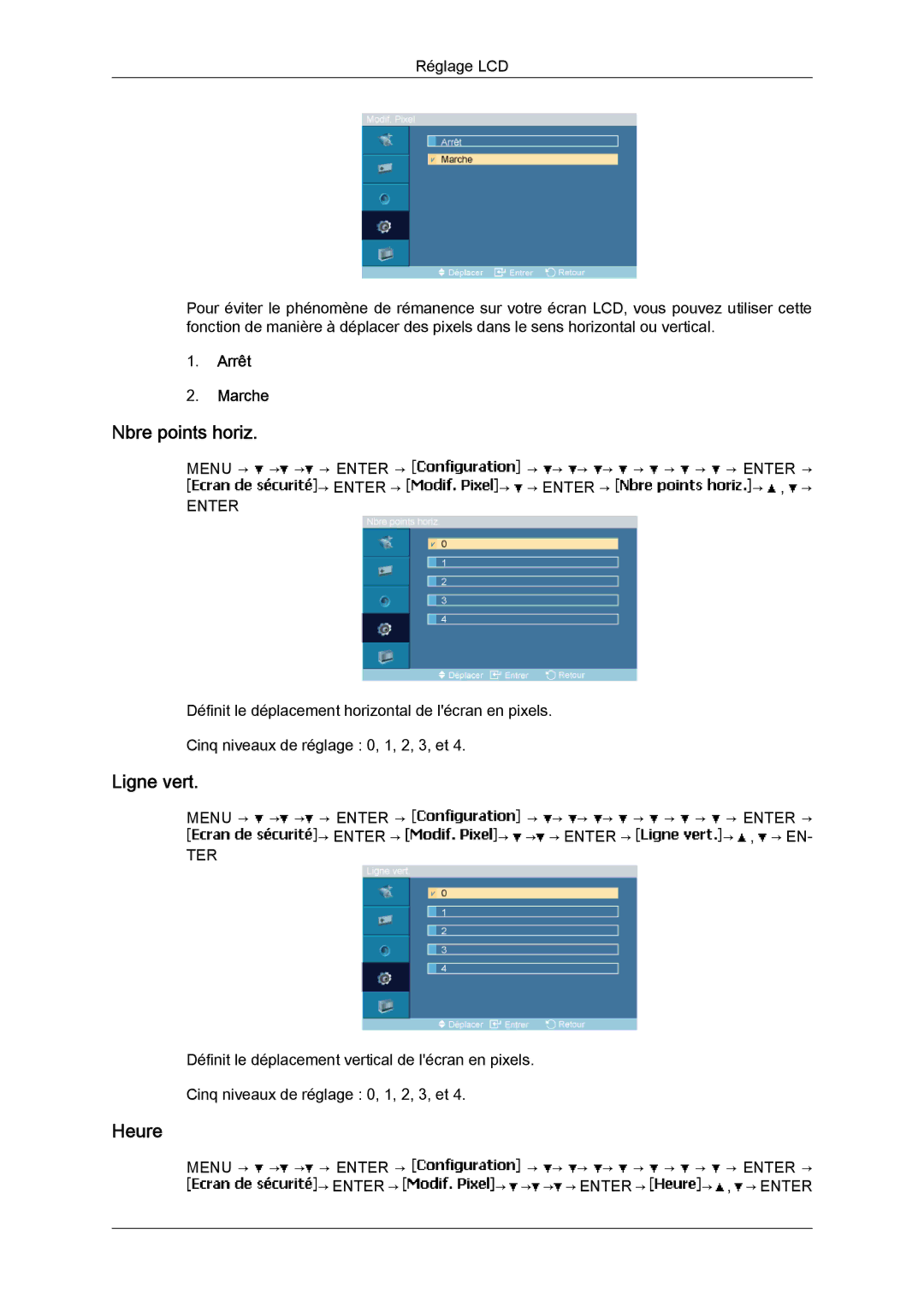 Samsung LH23PTSMBC/EN, LH23PTRMBC/EN, LH23PTVMBC/EN, LH23PTTMBC/EN manual Nbre points horiz, Ligne vert, Heure 