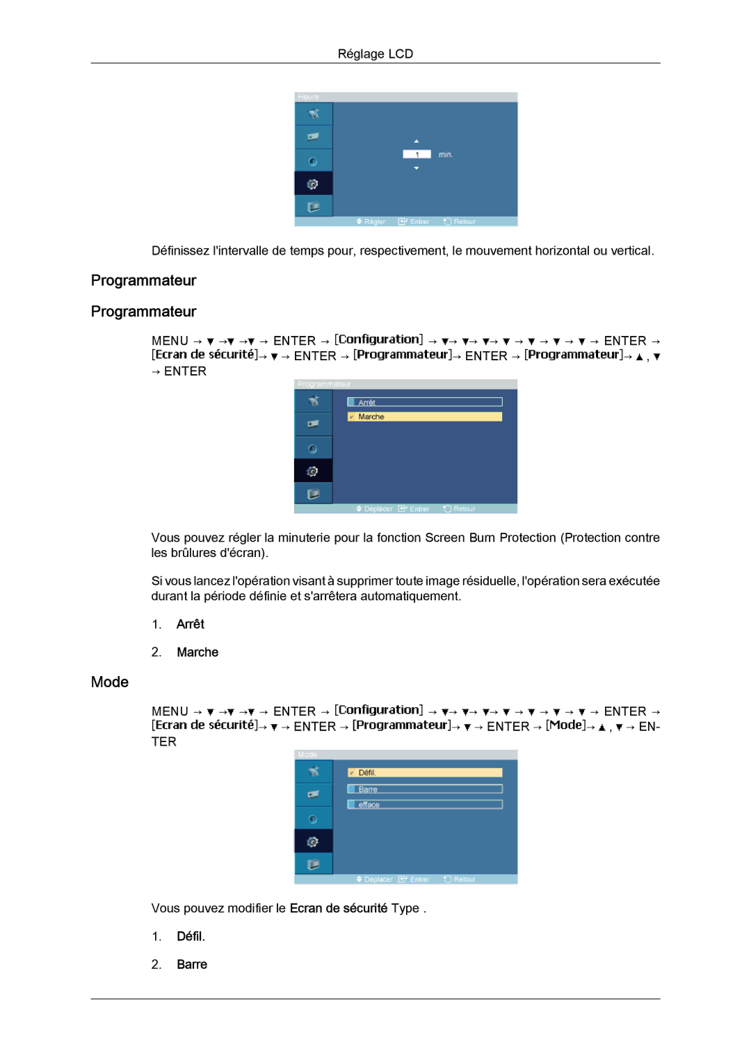 Samsung LH23PTRMBC/EN, LH23PTSMBC/EN, LH23PTVMBC/EN, LH23PTTMBC/EN manual Programmateur, Défil Barre 