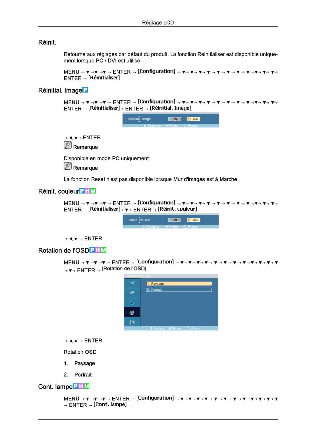 Samsung LH23PTRMBC/EN, LH23PTSMBC/EN, LH23PTVMBC/EN Réinitial. Image, Réinit. couleur, Rotation de l’OSD, Cont. lampe 