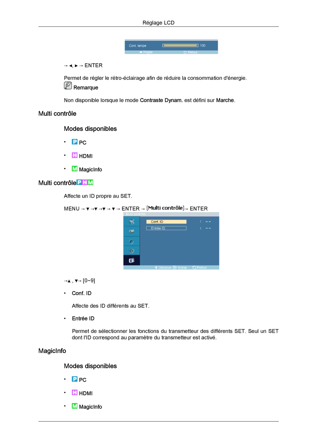 Samsung LH23PTVMBC/EN, LH23PTSMBC/EN Multi contrôle Modes disponibles, MagicInfo Modes disponibles, Conf. ID, Entrée ID 