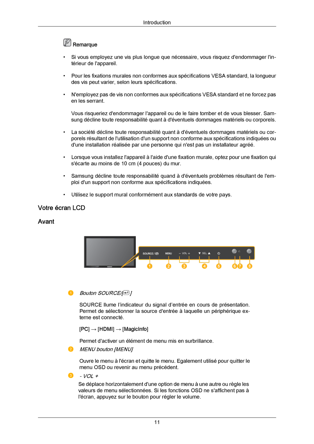 Samsung LH23PTSMBC/EN, LH23PTRMBC/EN Votre écran LCD Avant, Bouton Source, PC → Hdmi → MagicInfo, Menu bouton Menu, Vol + 