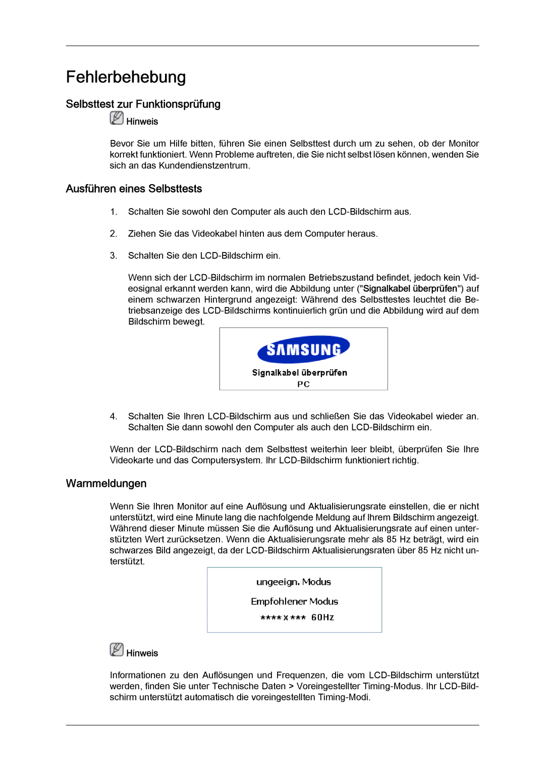 Samsung LH23PTRMBC/EN, LH23PTSMBC/EN manual Selbsttest zur Funktionsprüfung, Ausführen eines Selbsttests, Warnmeldungen 