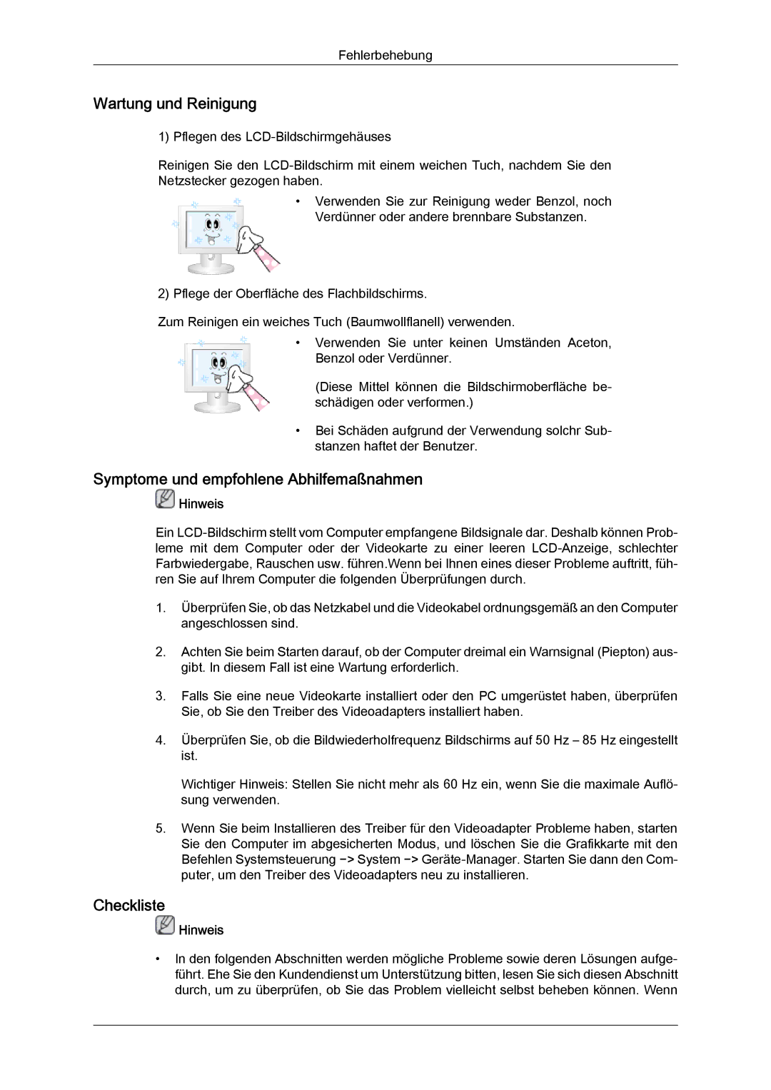 Samsung LH23PTVMBC/EN, LH23PTSMBC/EN manual Wartung und Reinigung, Symptome und empfohlene Abhilfemaßnahmen, Checkliste 