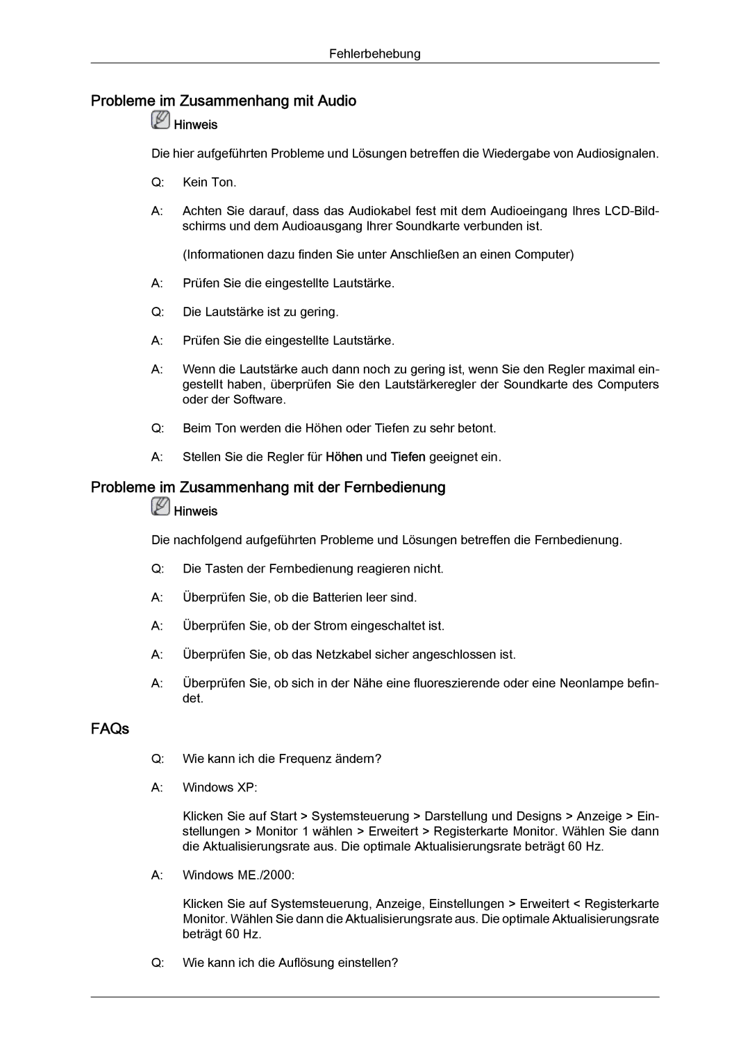 Samsung LH23PTRMBC/EN manual Probleme im Zusammenhang mit Audio, Probleme im Zusammenhang mit der Fernbedienung, FAQs 