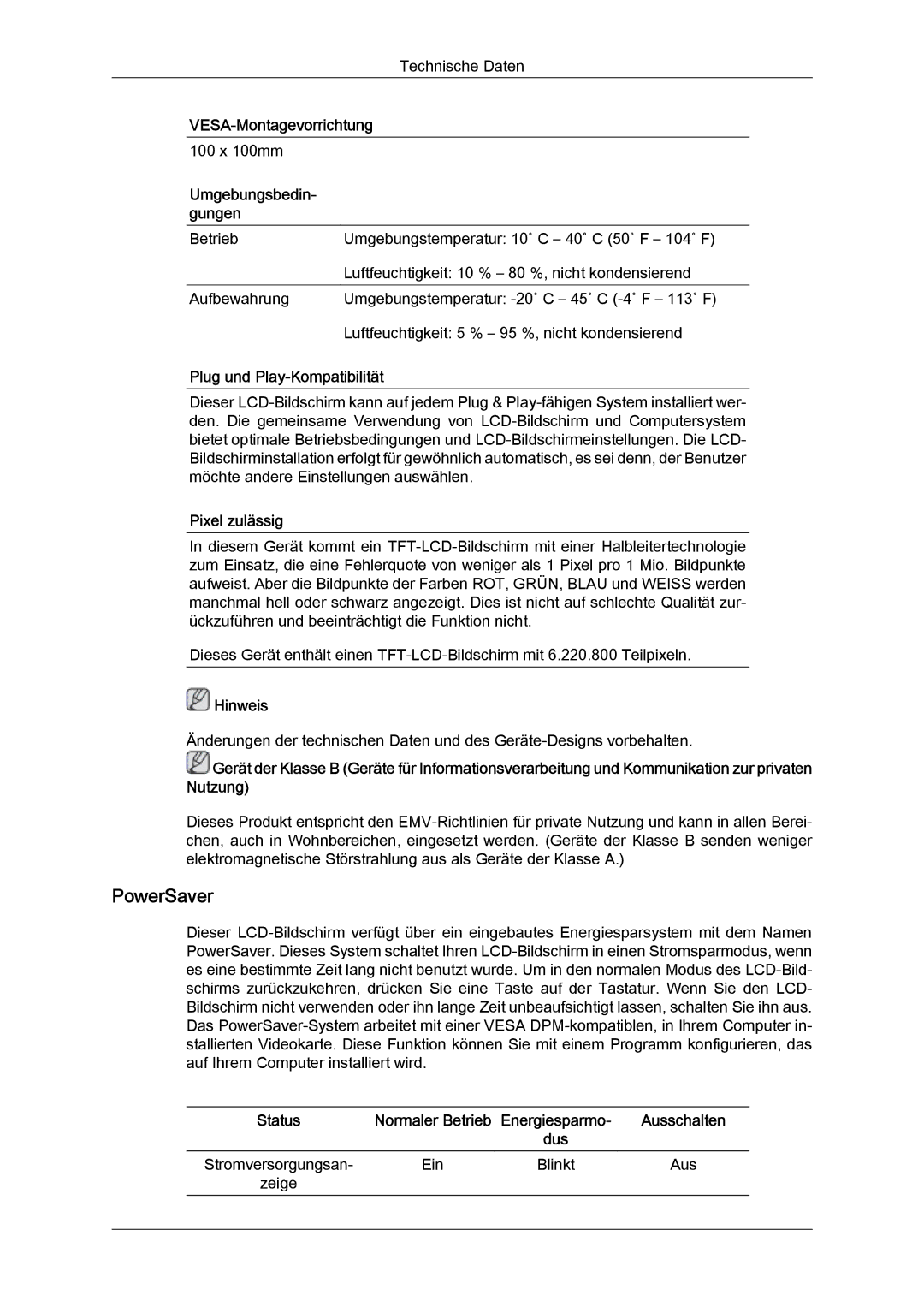 Samsung LH23PTSMBC/EN manual PowerSaver, VESA-Montagevorrichtung, Umgebungsbedin- gungen, Plug und Play-Kompatibilität 