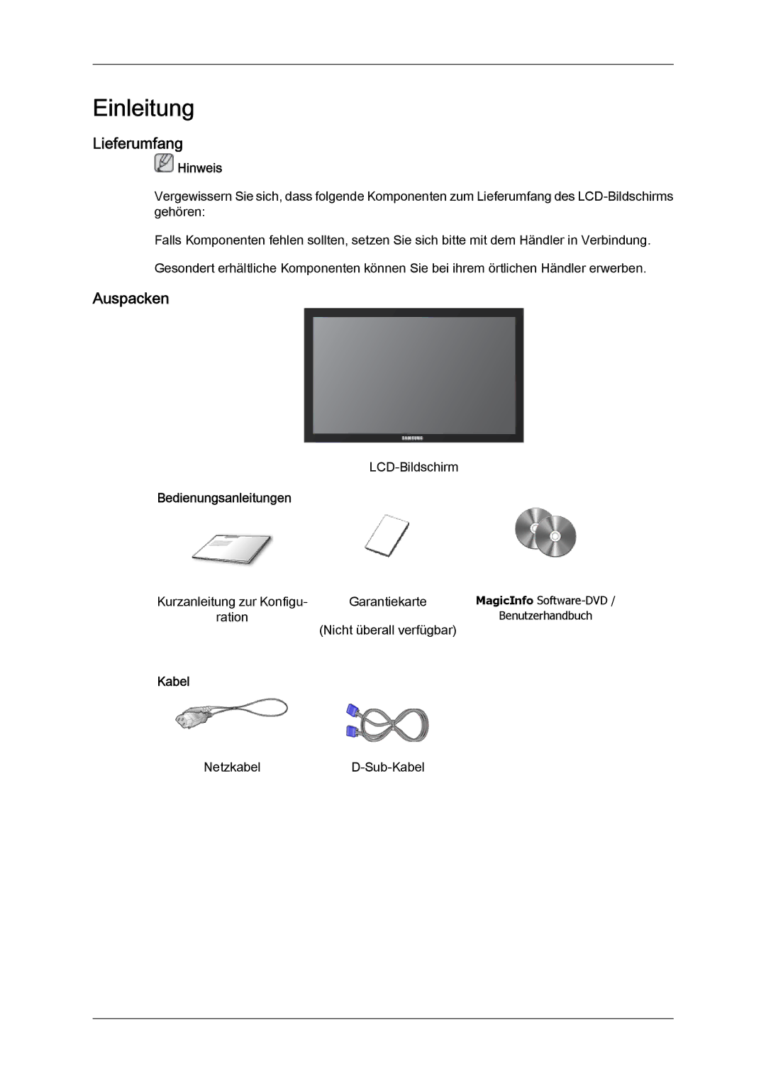 Samsung LH23PTTMBC/EN, LH23PTSMBC/EN, LH23PTRMBC/EN, LH23PTVMBC/EN Lieferumfang, Auspacken, Bedienungsanleitungen, Kabel 