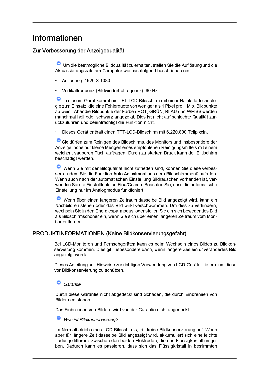 Samsung LH23PTTMBC/EN manual Zur Verbesserung der Anzeigequalität, Produktinformationen Keine Bildkonservierungsgefahr 