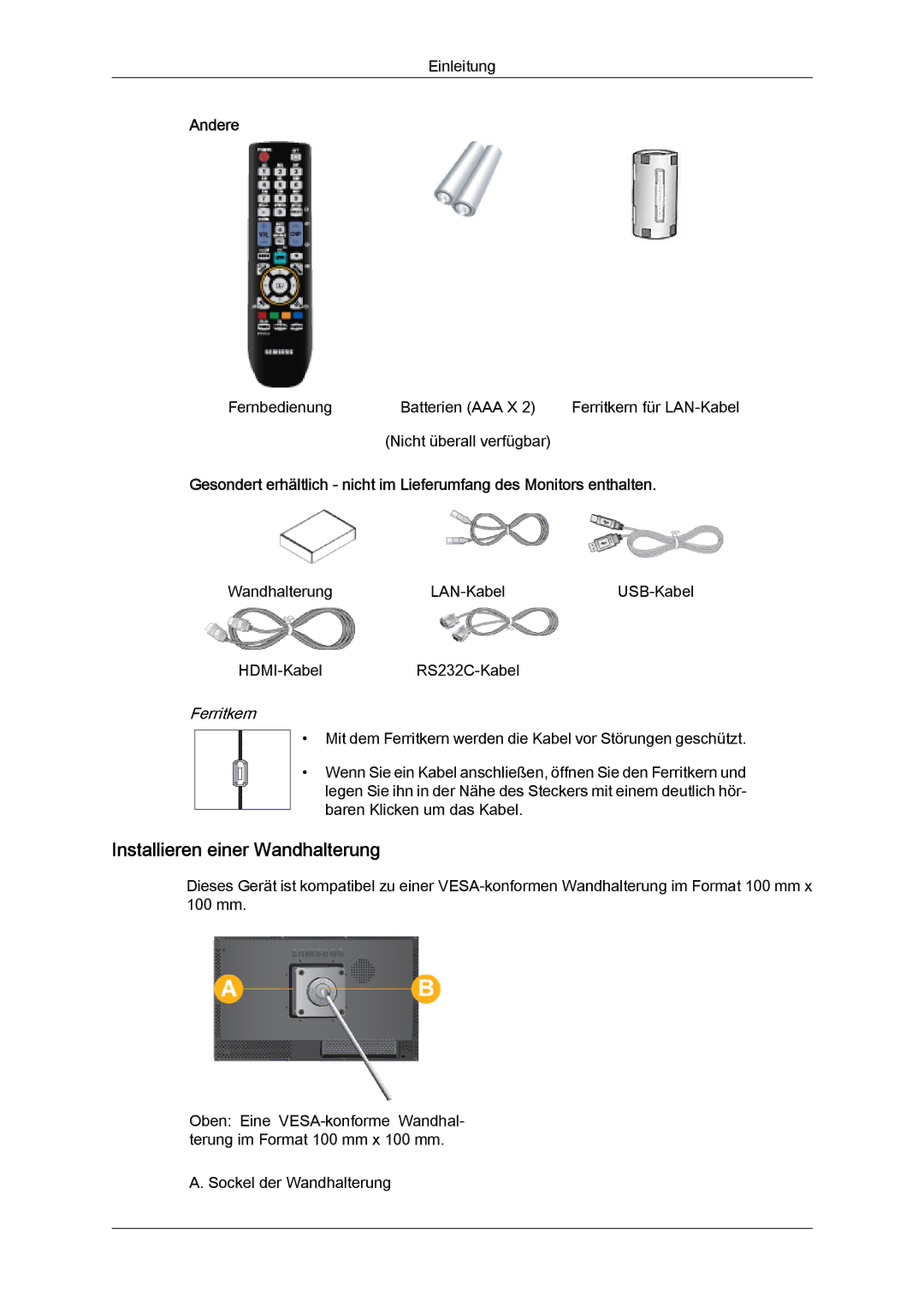 Samsung LH23PTSMBC/EN, LH23PTRMBC/EN, LH23PTVMBC/EN, LH23PTTMBC/EN manual Installieren einer Wandhalterung, Andere 