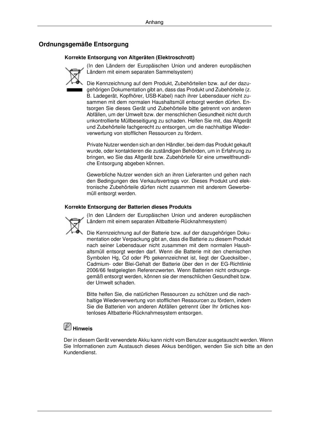 Samsung LH23PTSMBC/EN, LH23PTRMBC/EN manual Ordnungsgemäße Entsorgung, Korrekte Entsorgung von Altgeräten Elektroschrott 