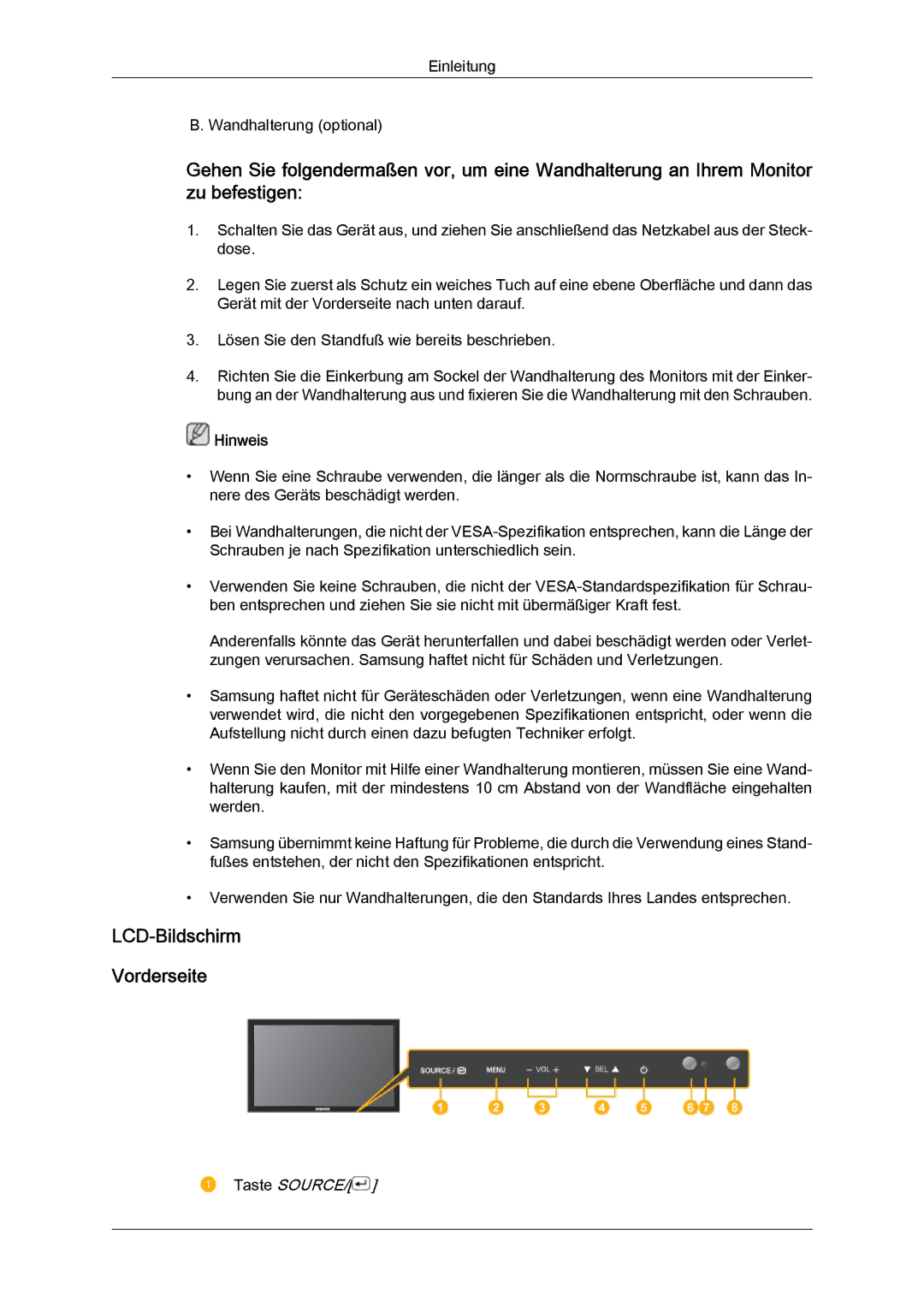 Samsung LH23PTRMBC/EN, LH23PTSMBC/EN, LH23PTVMBC/EN, LH23PTTMBC/EN manual LCD-Bildschirm Vorderseite, Taste Source 