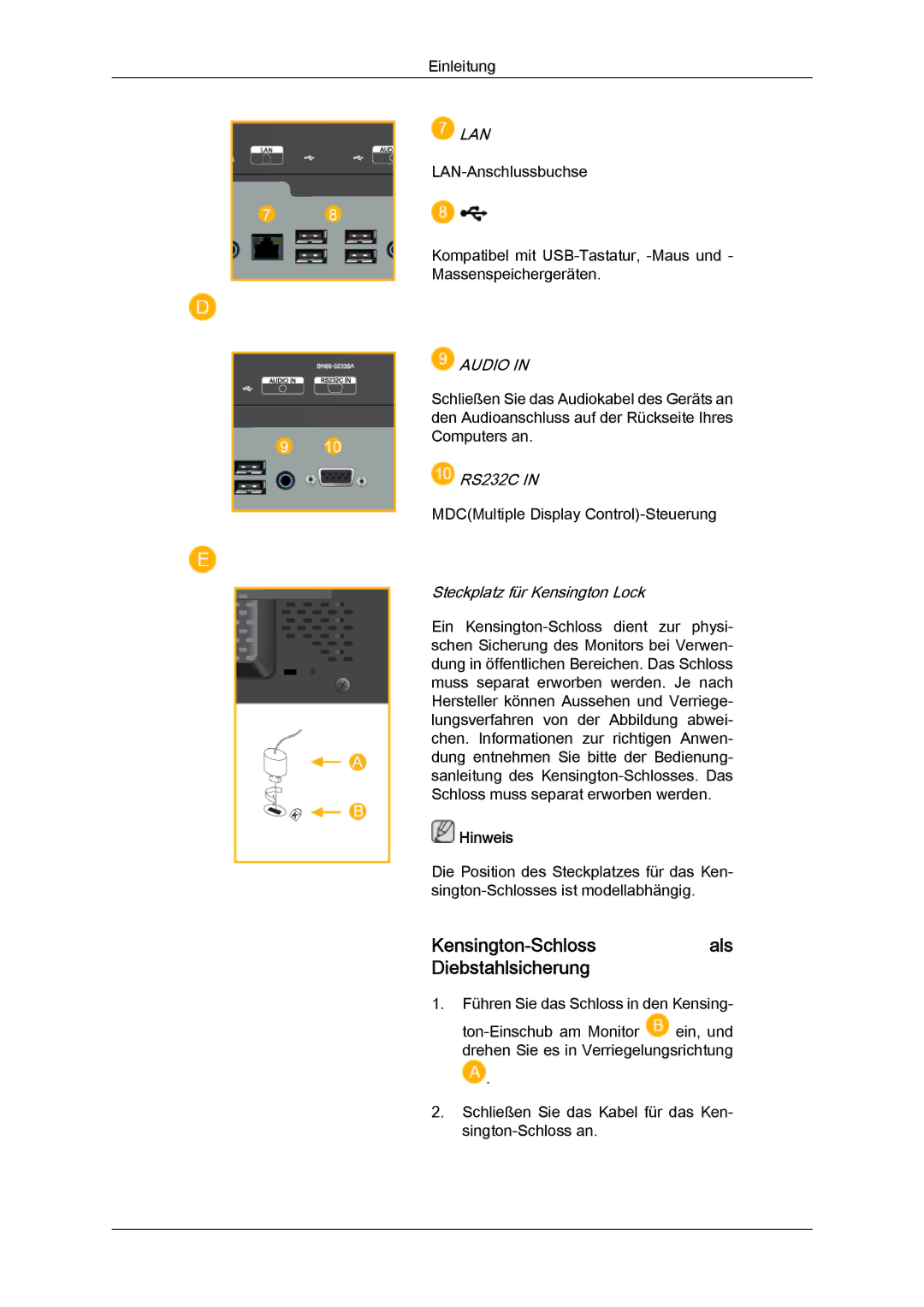 Samsung LH23PTSMBC/EN, LH23PTRMBC/EN, LH23PTVMBC/EN, LH23PTTMBC/EN manual Kensington-Schlossals Diebstahlsicherung, Audio 