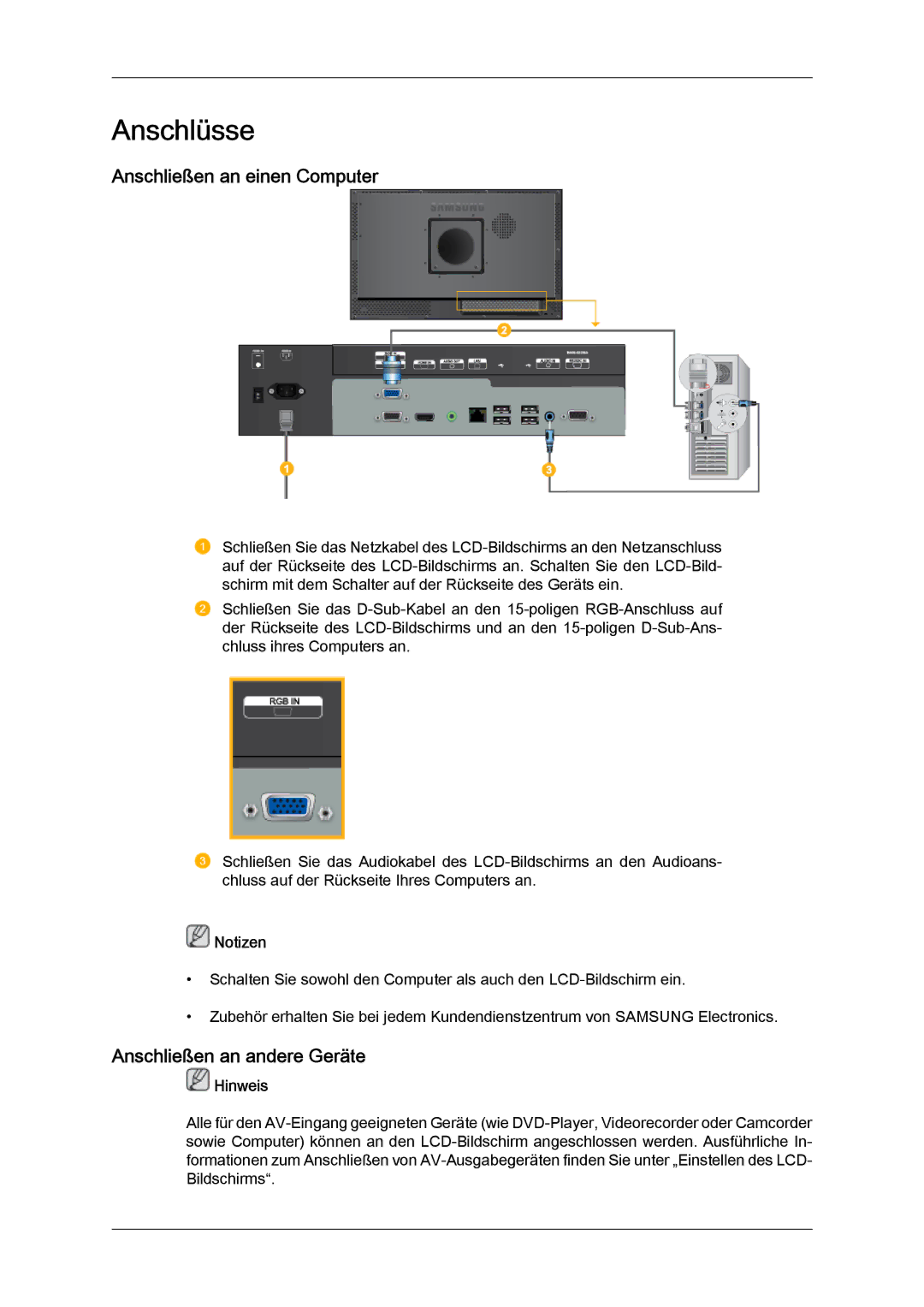 Samsung LH23PTSMBC/EN, LH23PTRMBC/EN, LH23PTVMBC/EN Anschließen an einen Computer, Anschließen an andere Geräte, Notizen 