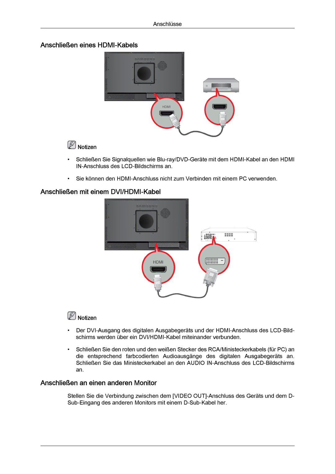 Samsung LH23PTRMBC/EN, LH23PTSMBC/EN, LH23PTVMBC/EN Anschließen eines HDMI-Kabels, Anschließen mit einem DVI/HDMI-Kabel 