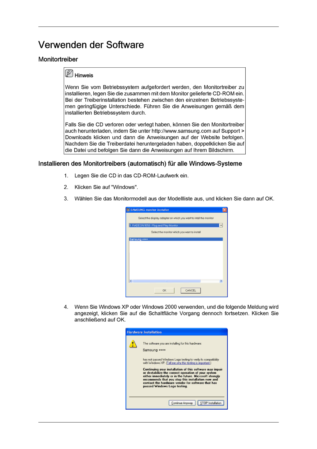 Samsung LH23PTSMBC/EN, LH23PTRMBC/EN, LH23PTVMBC/EN, LH23PTTMBC/EN manual Verwenden der Software, Monitortreiber 